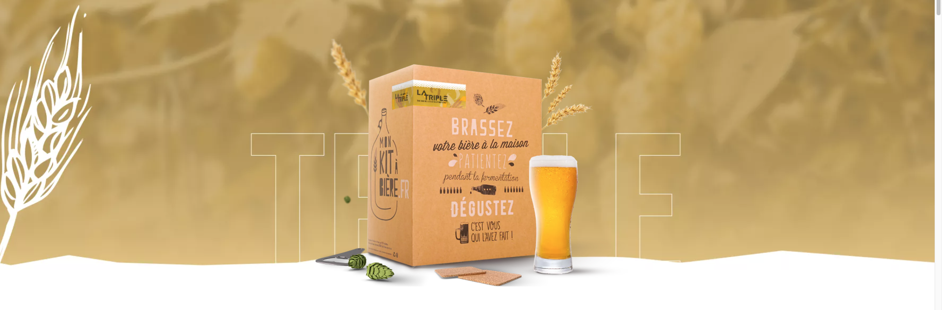 Kit de brassage de bière Triple avec une boîte illustrée montrant les étapes de brassage, de fermentation et de dégustation, accompagné d'un verre de bière blonde.