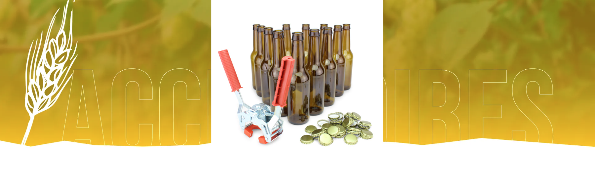 Ensemble d'accessoires pour bouteilles de bière, incluant un capsuleur manuel, des bouteilles vides et des capsules, essentiels pour l'embouteillage de la bière maison.