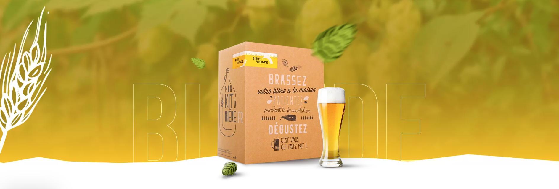 Kit de brassage de bière blonde avec une boîte illustrée montrant les étapes de brassage, de fermentation et de dégustation, accompagné d'un verre de bière blonde.