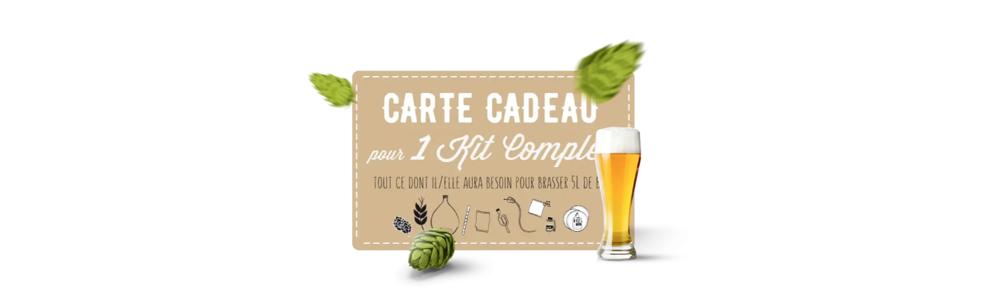 Carte cadeau pour un kit complet de brassage de bière, illustrée avec des cônes de houblon et un verre de bière blonde, idéale pour offrir tout le nécessaire pour brasser 5L de bière à la maison.