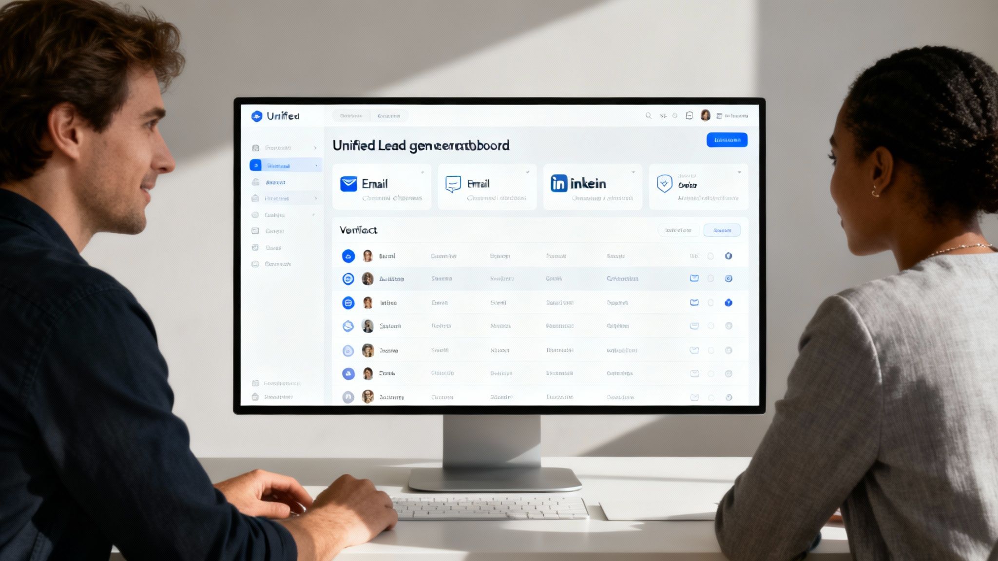 Two professionals collaborate, viewing a lead generation dashboard on a computer screen in an office.