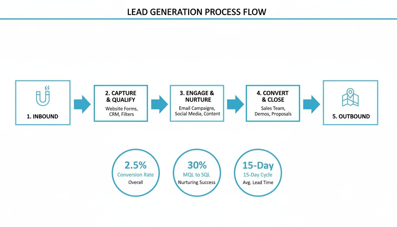 A lead generation process flow diagram showing 5 steps: Inbound, Capture, Engage, Convert, and Outbound, with key metrics.
