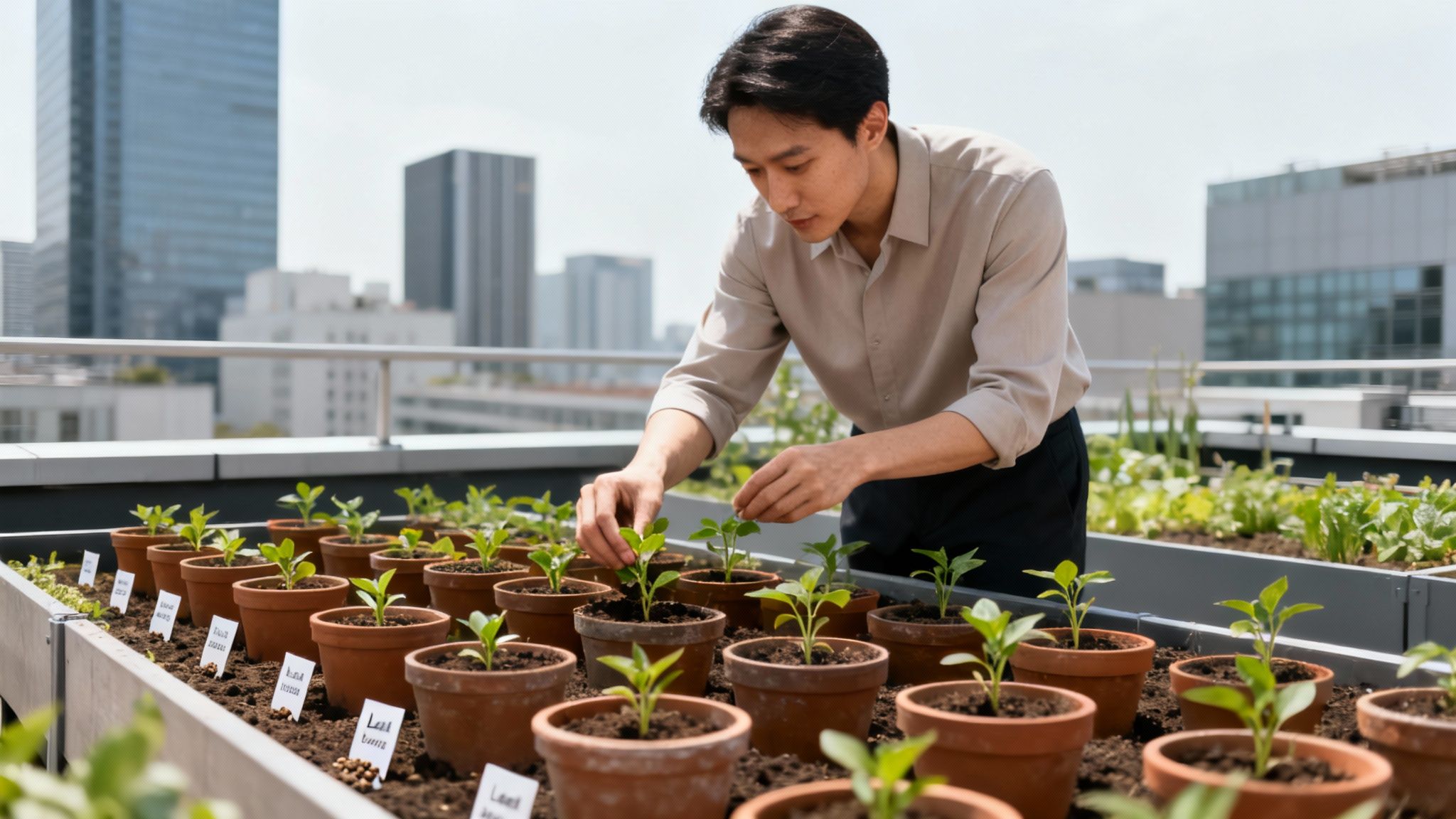 A man gently cares for young plants in terracotta pots on a sunny rooftop urban garden.