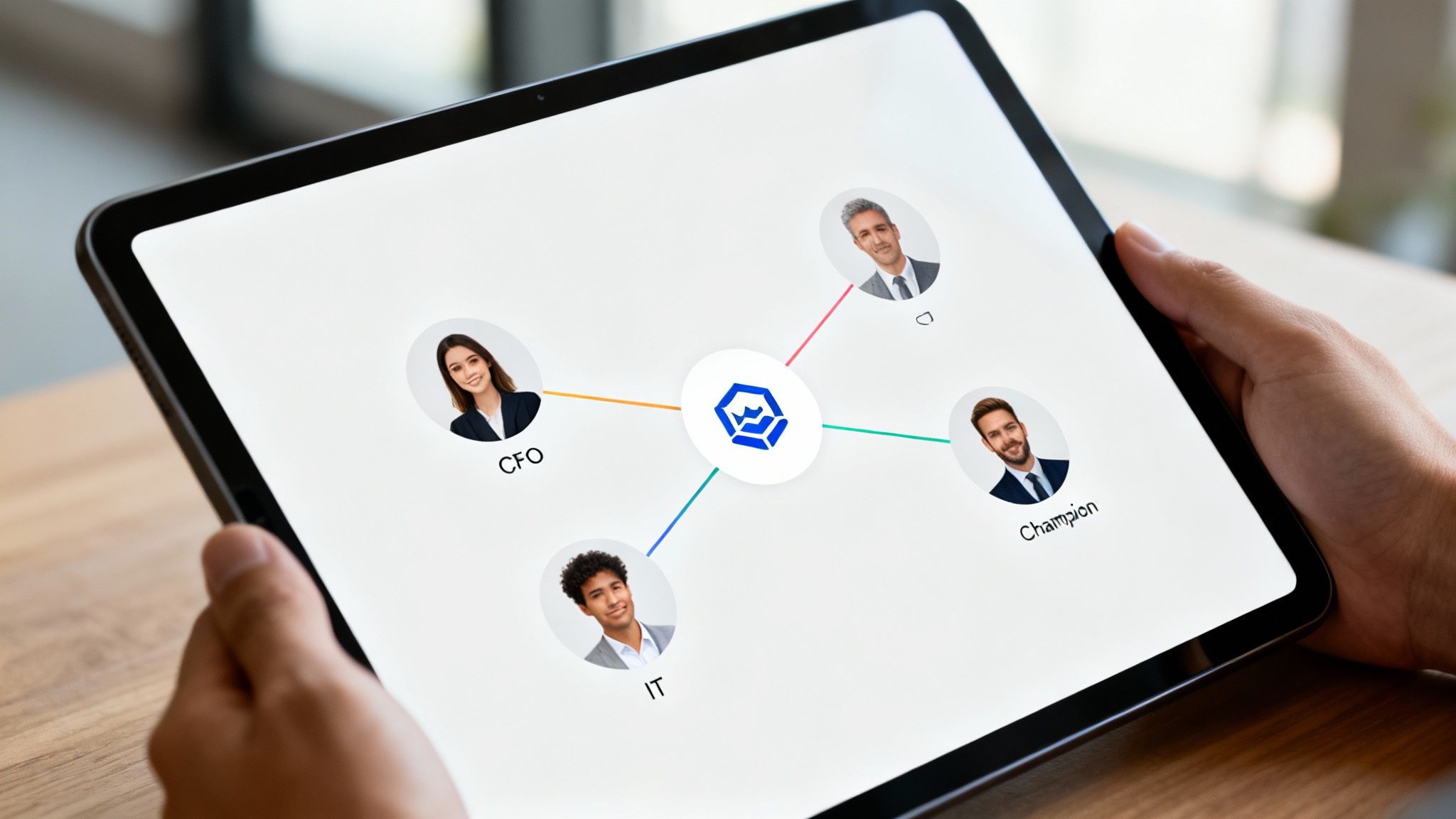 A person holds a tablet displaying a B2B network diagram with team roles like CFO, IT, and Champion.