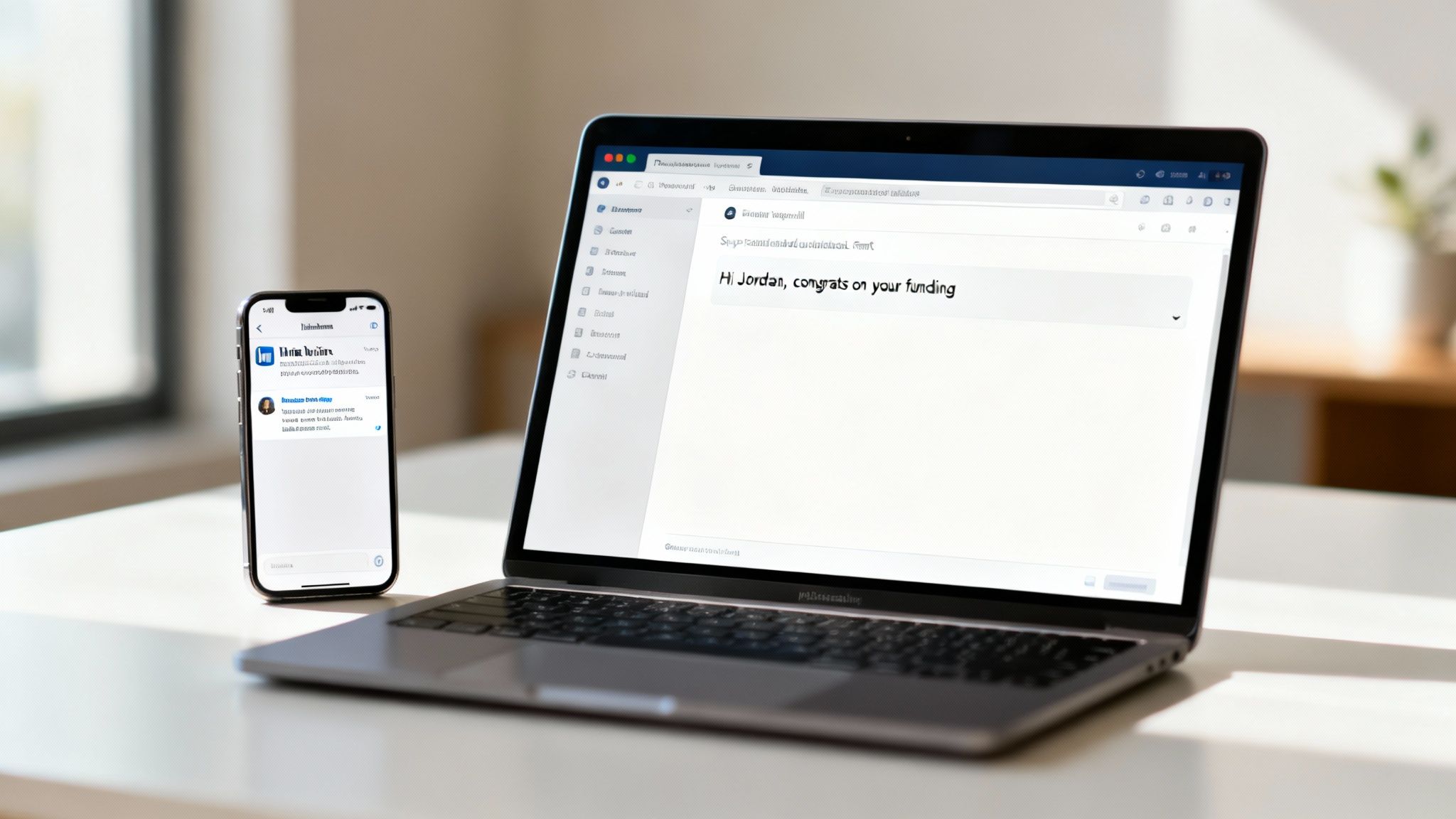 A laptop and smartphone on a white desk, displaying business-related communication and messages.