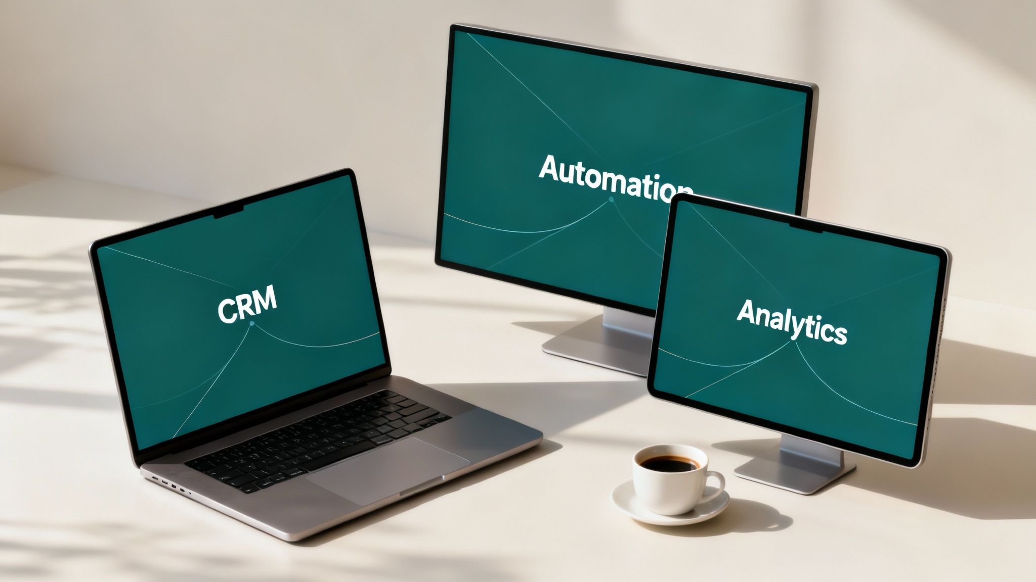 A laptop, desktop monitor, and tablet display CRM, Automation, and Analytics in a clean workspace.