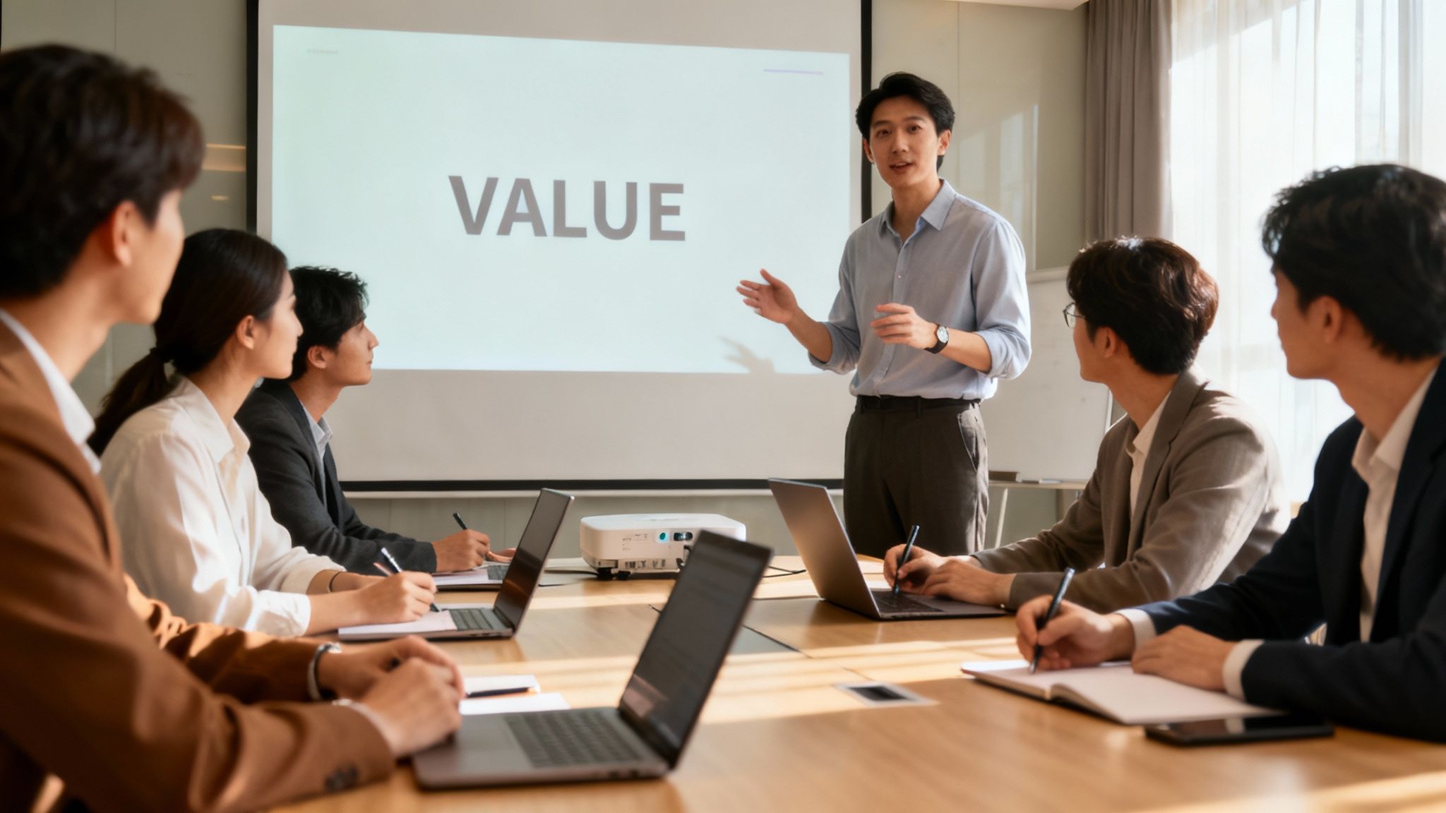 An Asian male presenter discusses 'VALUE' on a screen to attentive colleagues in a modern meeting room.