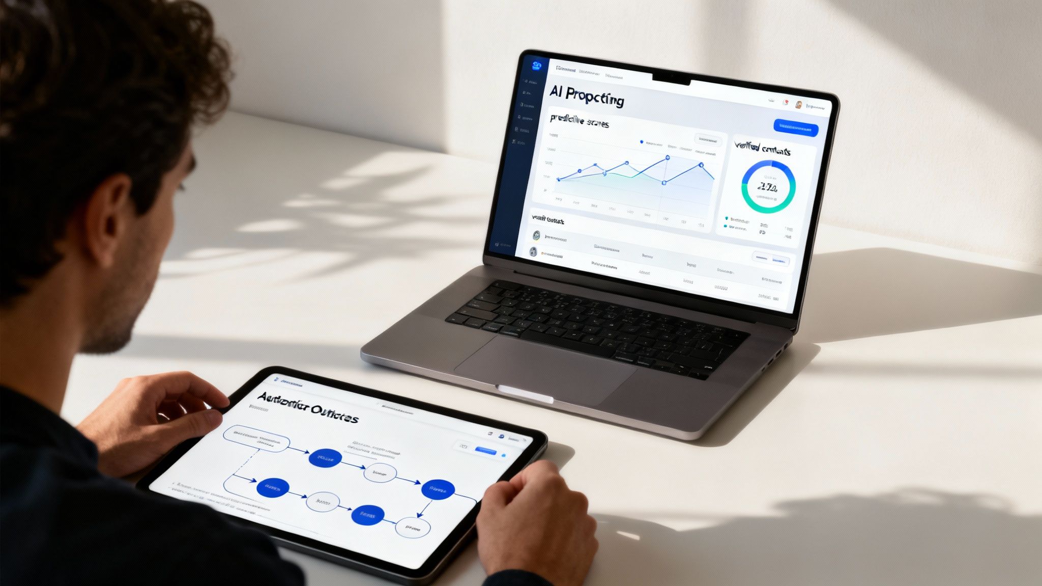 Man working on a tablet displaying a flowchart next to a laptop with AI predictive scores.