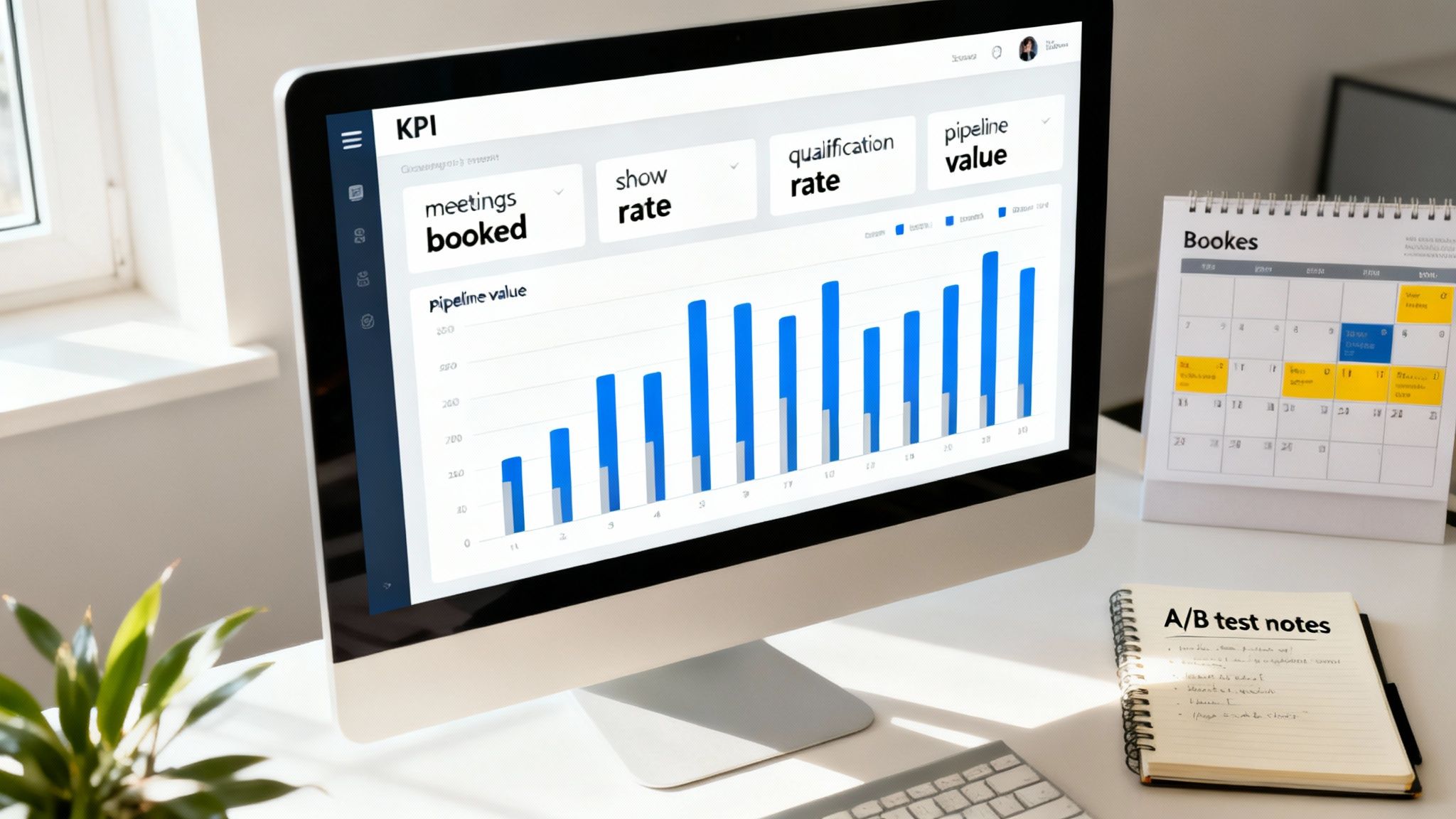 A modern desk setup with a computer displaying a KPI dashboard for business performance, a calendar, and notes.
