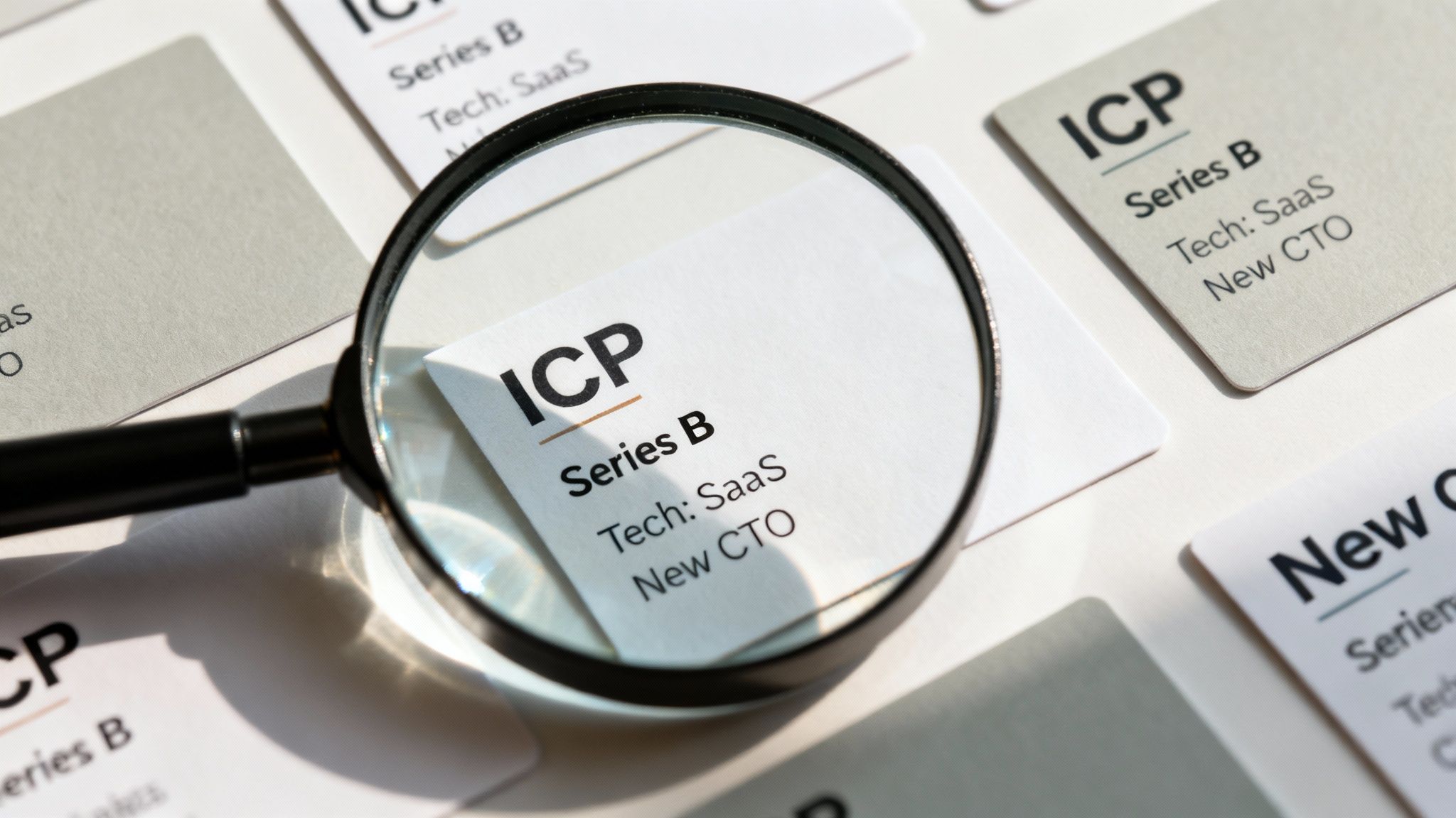 Magnifying glass examining a white card detailing an Ideal Customer Profile (ICP) for sales strategy.