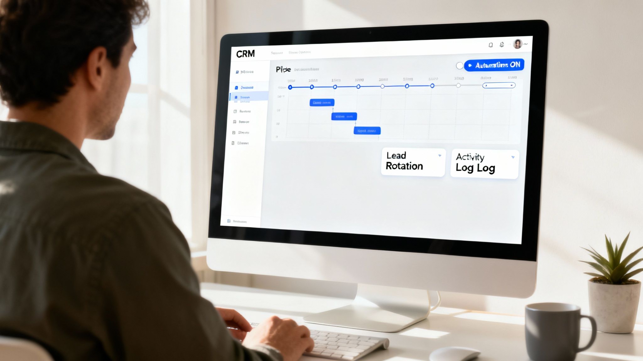 A man uses a desktop computer displaying a CRM system for sales pipeline management and automation.