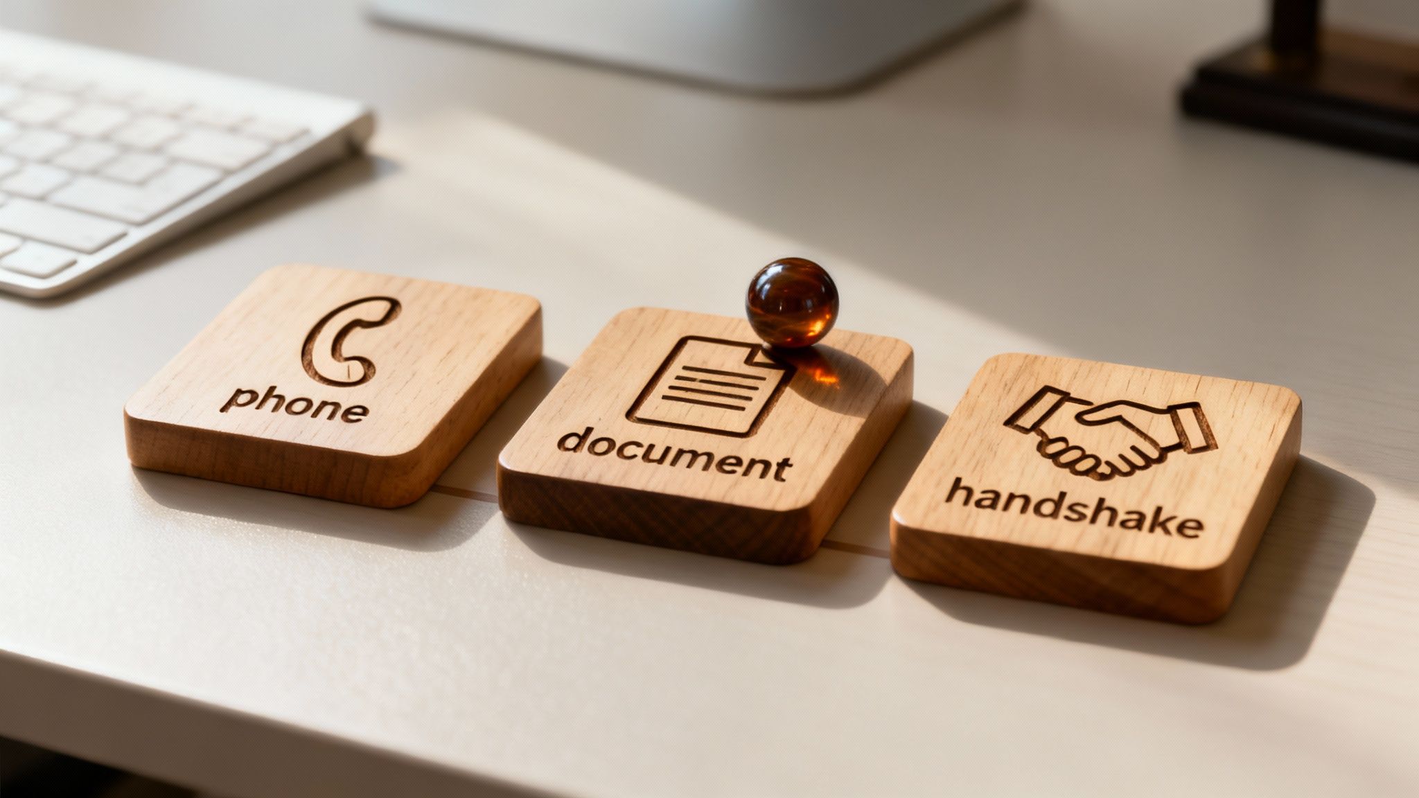 Three wooden blocks on a desk, representing phone, document, and handshake for a sales process.