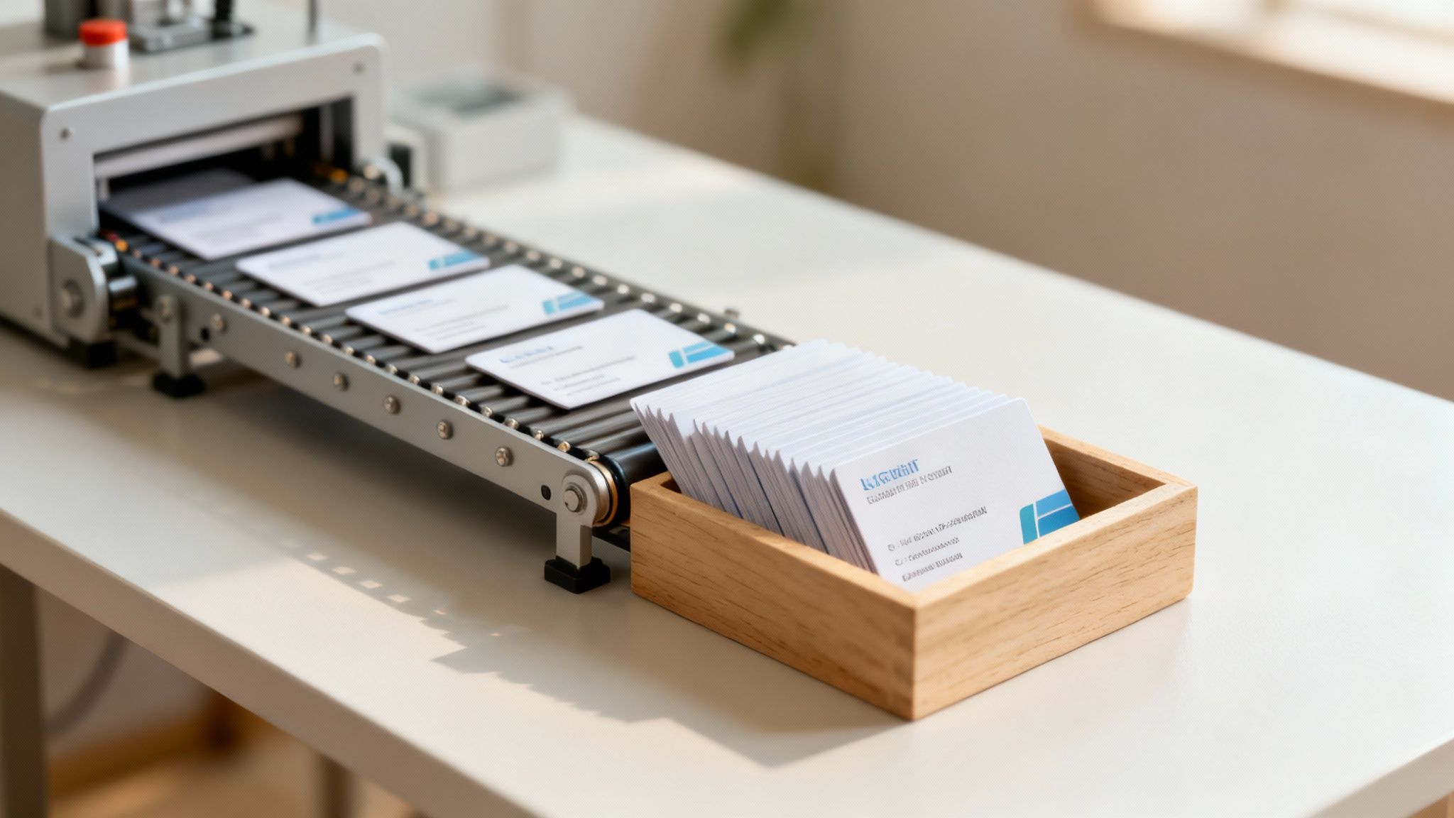A machine with a conveyor belt processes white cards, which are then collected in a wooden box.