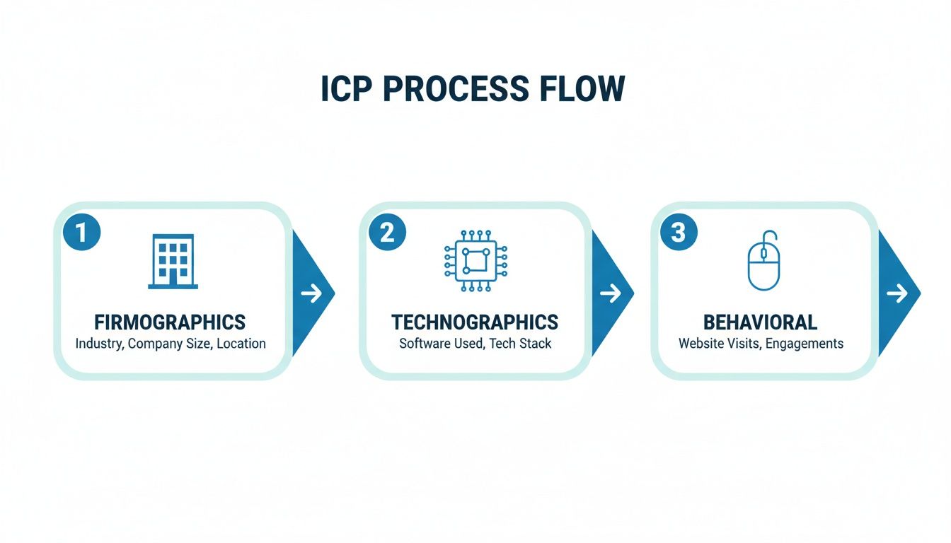 An ICP process flow diagram detailing firmographics, technographics, and behavioral data for lead qualification.