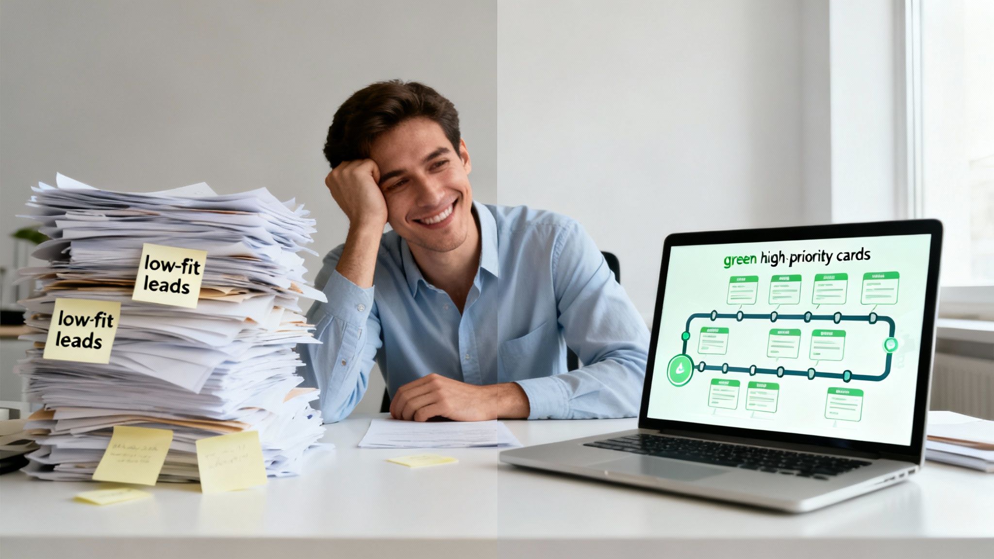 A happy man at his desk with a large stack of 'low-fit leads' papers and a laptop showing 'high priority cards'.