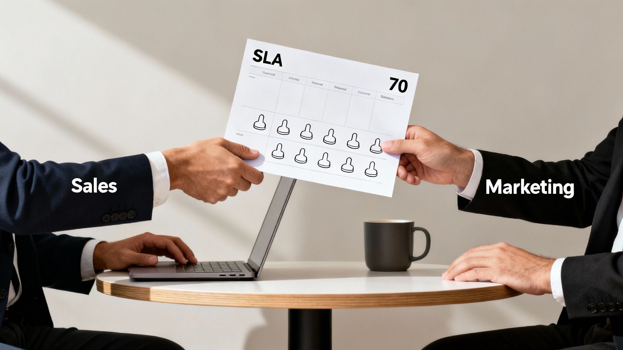 Sales and Marketing professionals exchanging an SLA document, symbolizing lead handoff and collaboration.