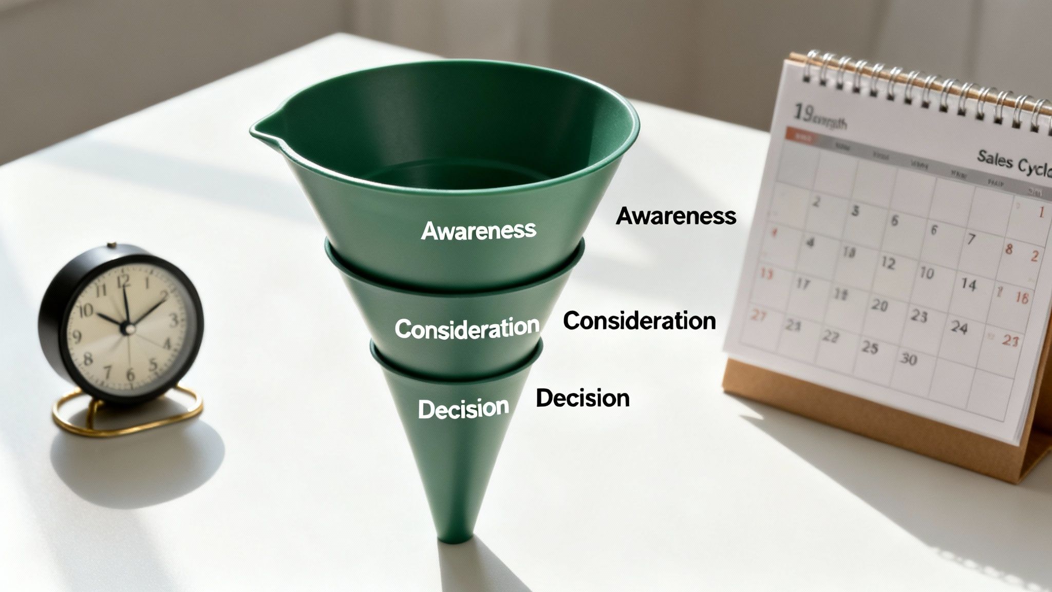 A green sales funnel showing Awareness, Consideration, and Decision stages, with an alarm clock and calendar.