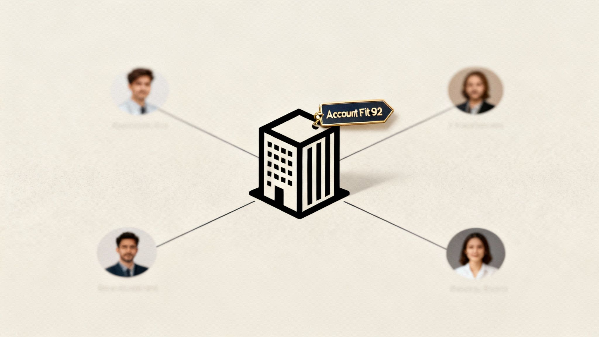 A central building icon with 'Account Fit 92' tag, connected to four diverse profile pictures.