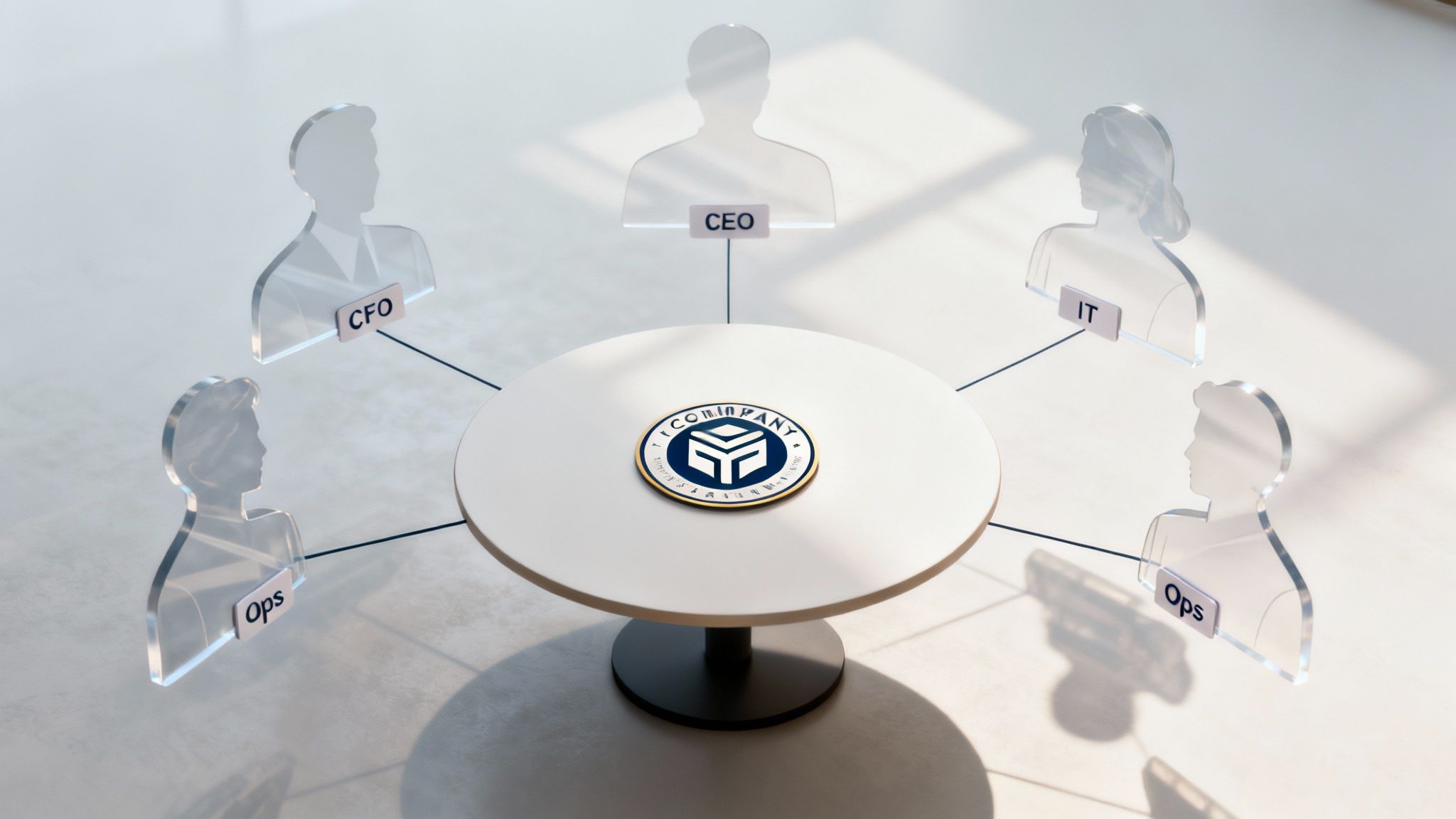 A visual representation of a company's organizational structure with CEO, CFO, IT, and Ops roles collaborating around a central company logo.