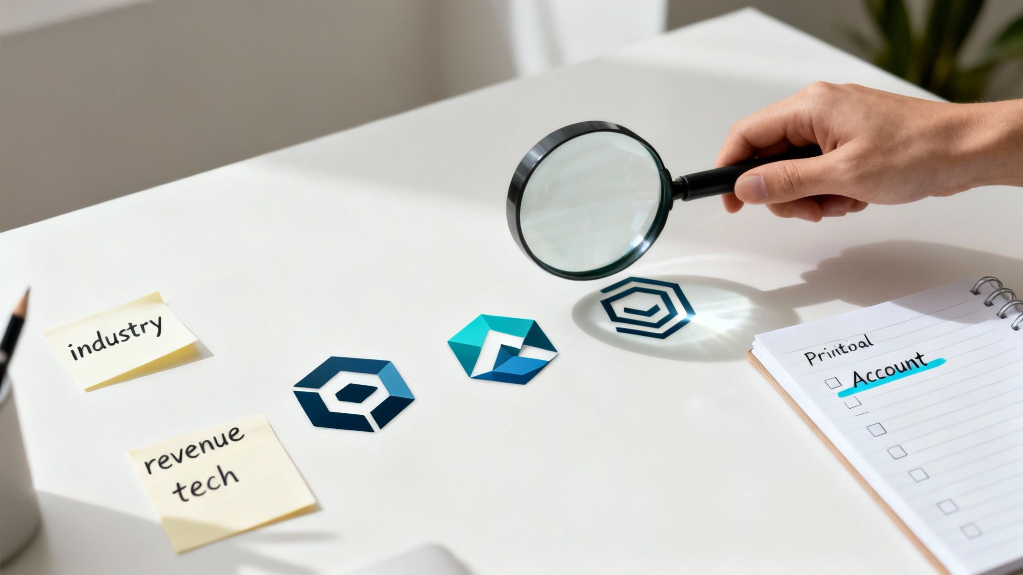 A hand uses a magnifying glass to examine business logos on a white desk with notes.