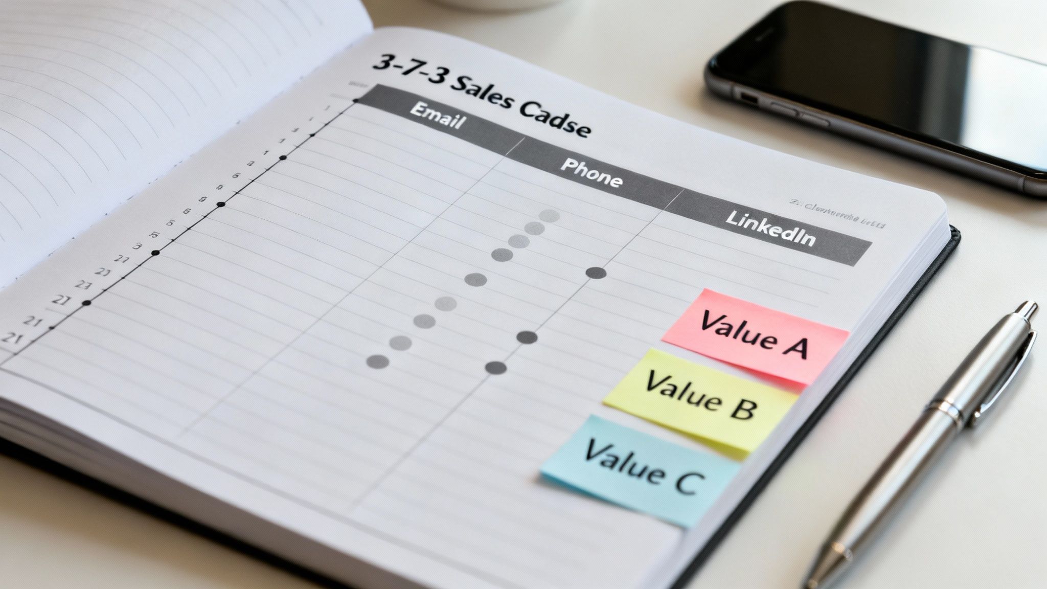 A sales cadence notebook with activity tracking for email, phone, and LinkedIn, featuring colored value notes.