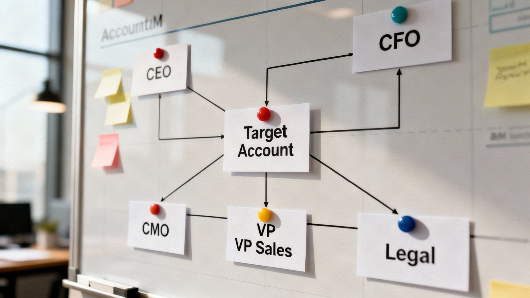 An organizational chart on a whiteboard showing a 'Target Account' connected to various executive roles.