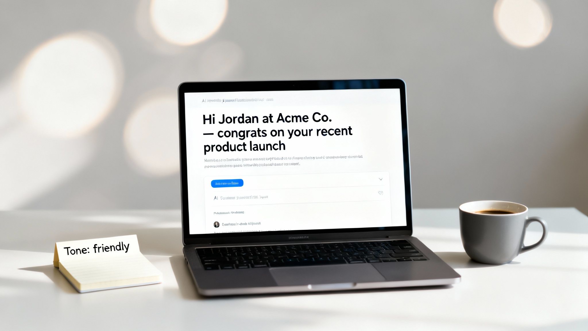 A laptop displays a sales email with a friendly tone, next to a coffee cup and a sticky note.