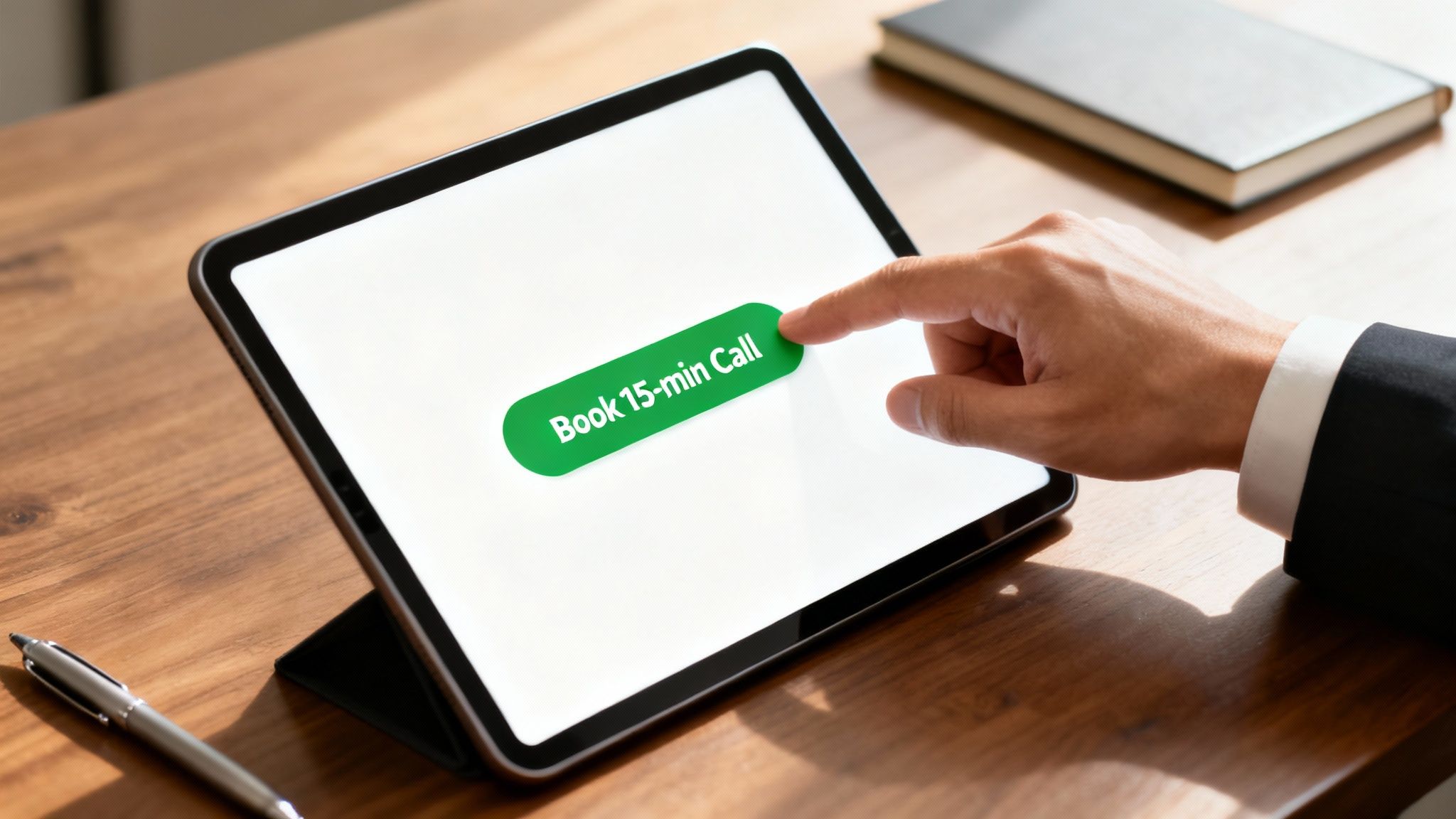 A businessman taps a green 'Book 15-min Call' button on a tablet, symbolizing online scheduling.