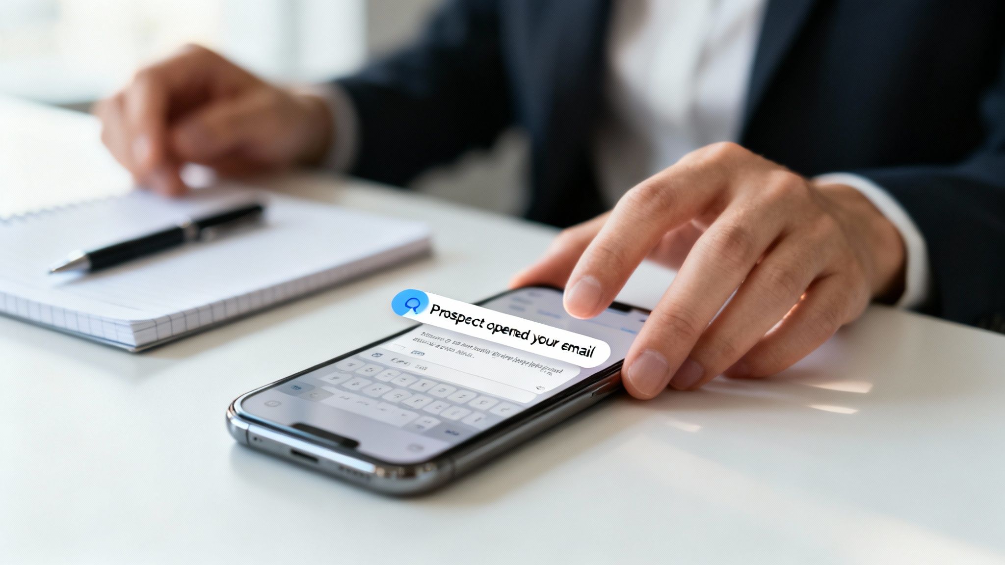 A person in a suit holds a smartphone displaying a 'Prospect opened your email' notification.