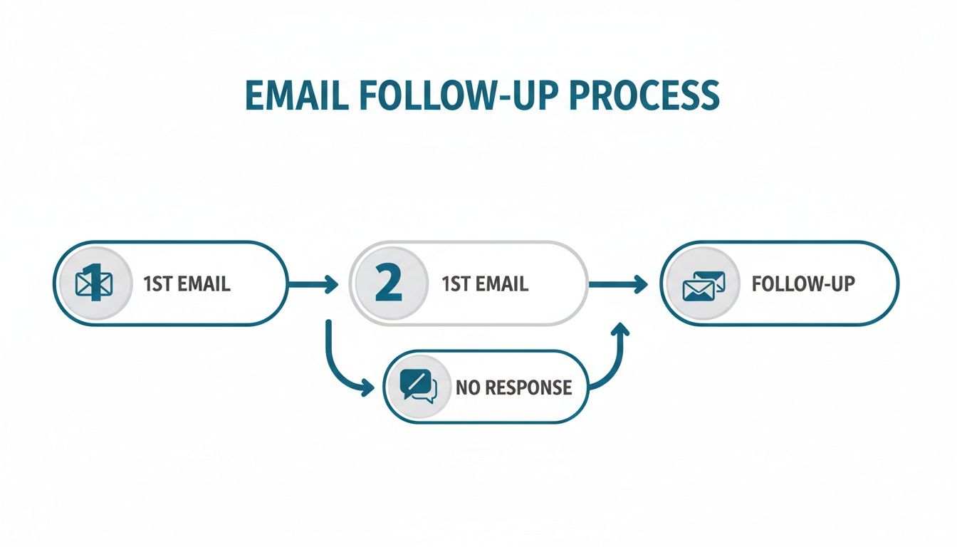 A flowchart illustrating an email follow-up process, showing steps for a second email after no response.