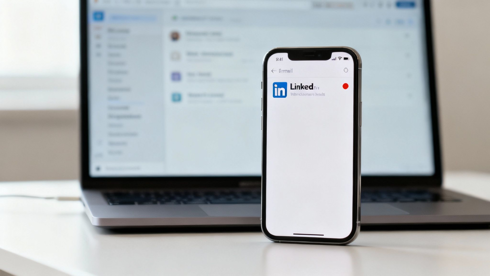 Smartphone displaying the LinkedIn app on a white desk with a blurred laptop in the background.
