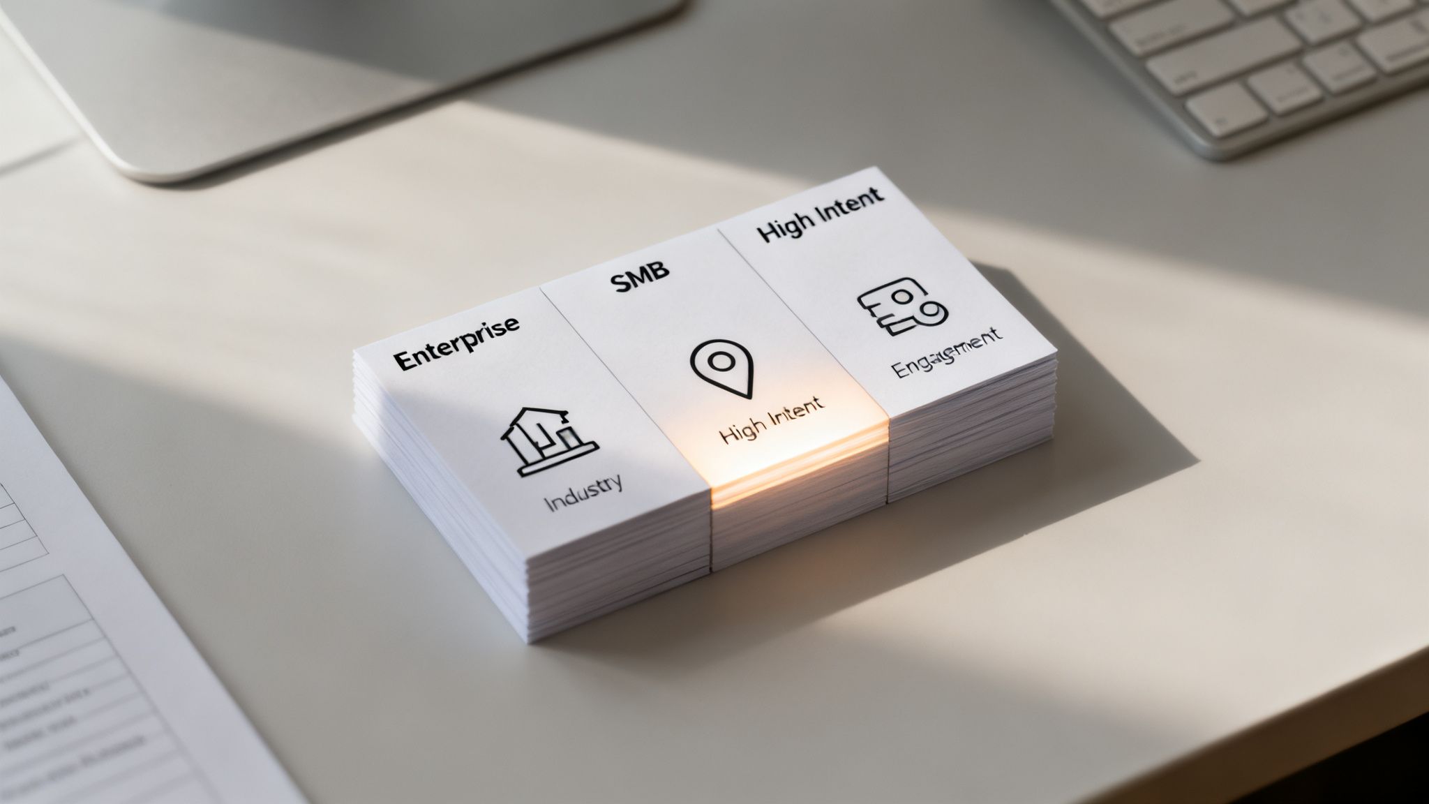 A stack of business cards on a desk, featuring "Enterprise", "SMB", and a glowing "High Intent" label.
