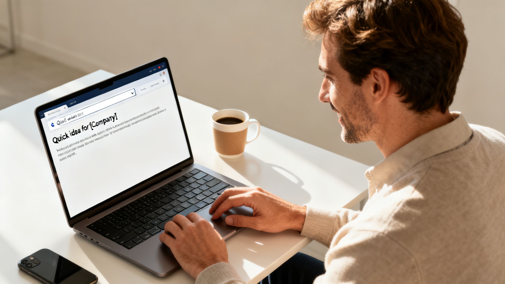 A smiling man uses a laptop to work on an idea, with coffee and a phone nearby.