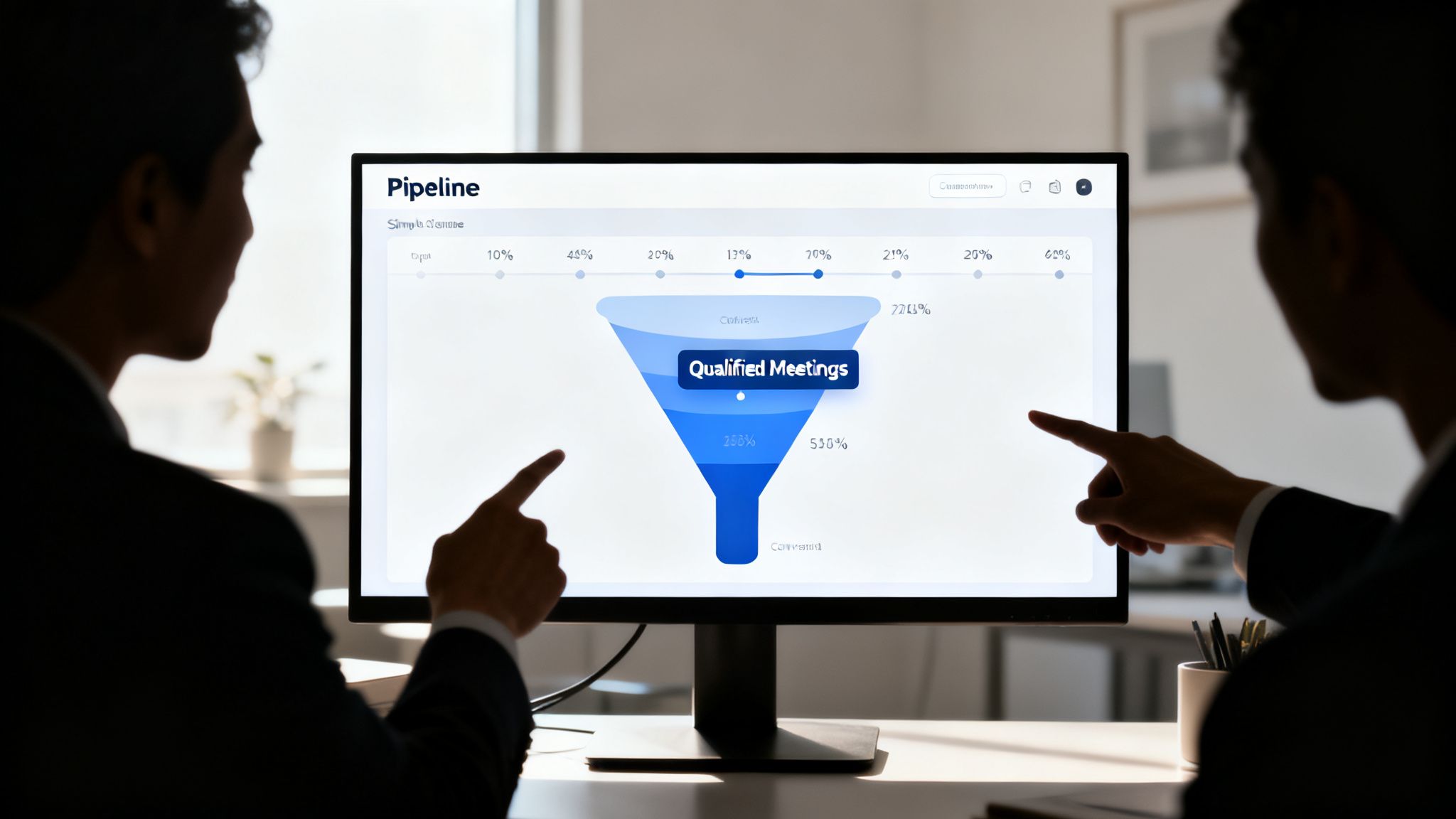 Two professionals analyze a sales pipeline funnel chart on a computer screen, discussing 'Qualified Meetings'.