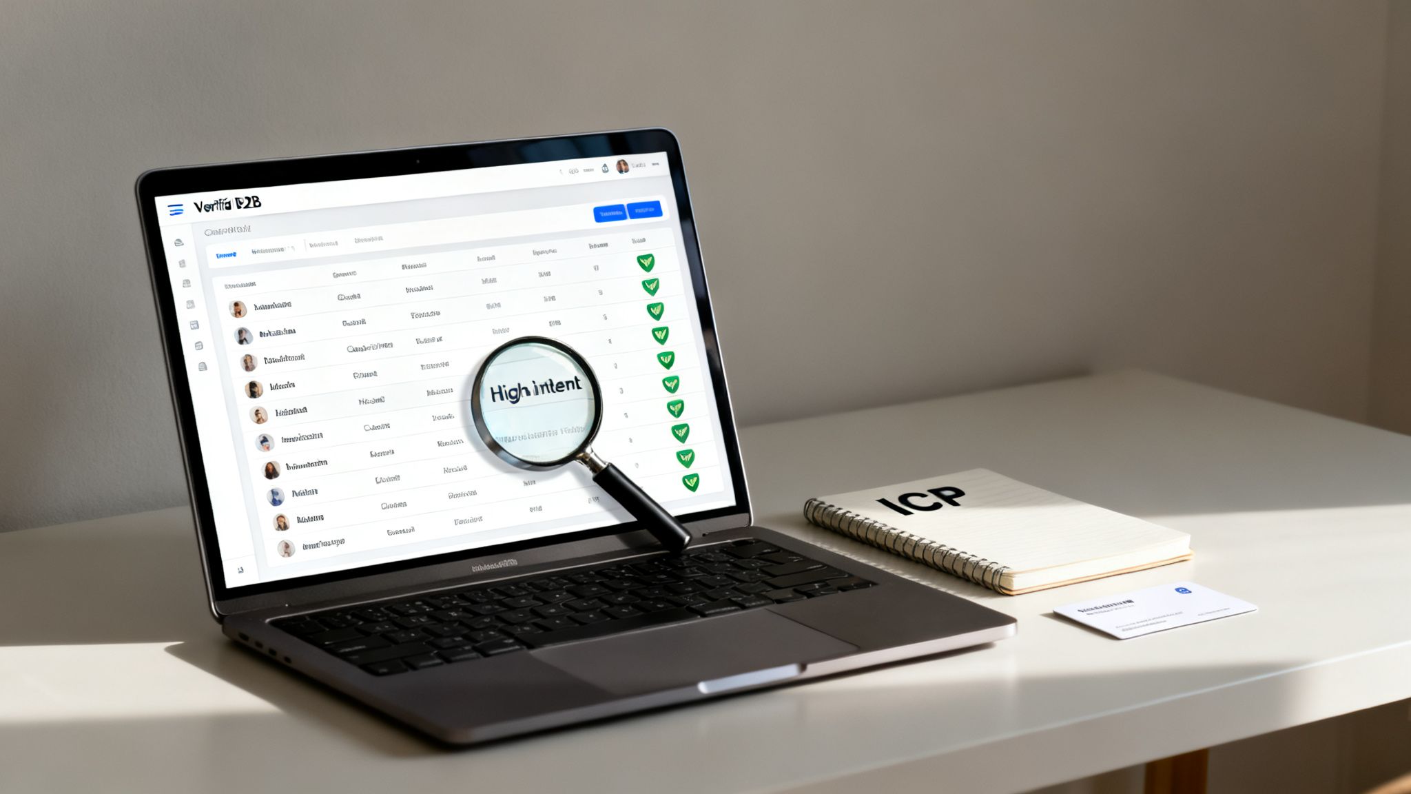 A laptop screen showing a B2B lead generation platform, with a magnifying glass highlighting 'High intent'.