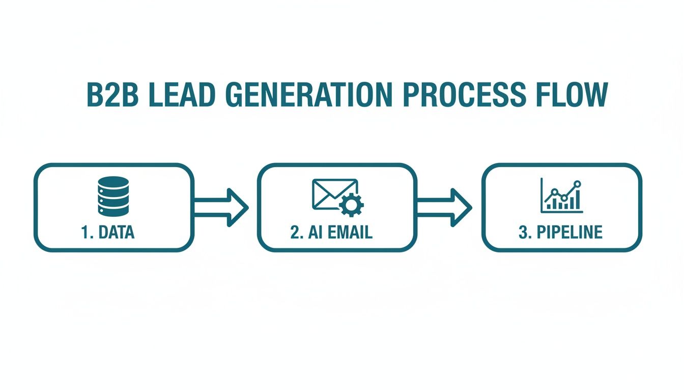 Flowchart illustrating the B2B lead generation process: data collection, AI email outreach, and sales pipeline management.