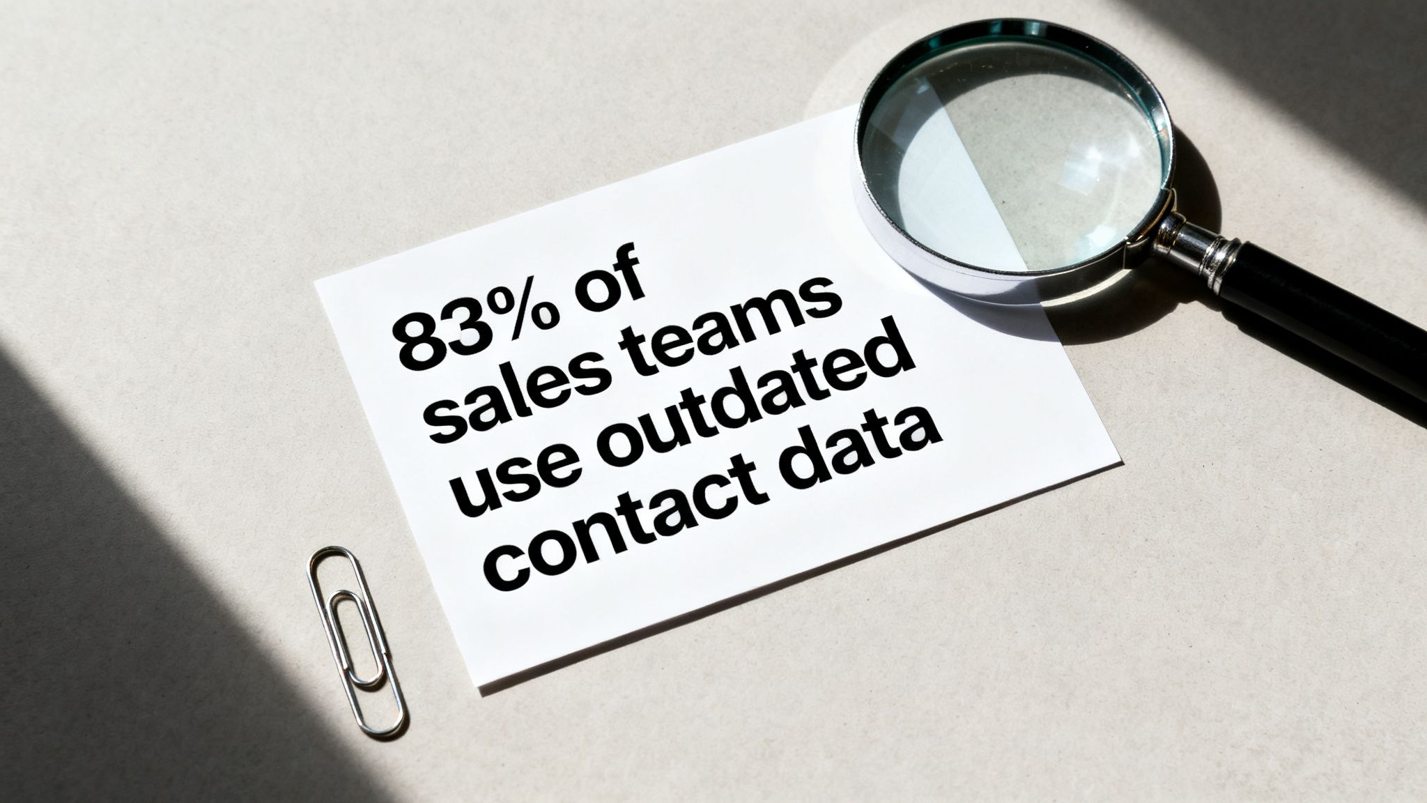 A white paper states '83% of sales teams use outdated contact data' next to a magnifying glass and paperclip.