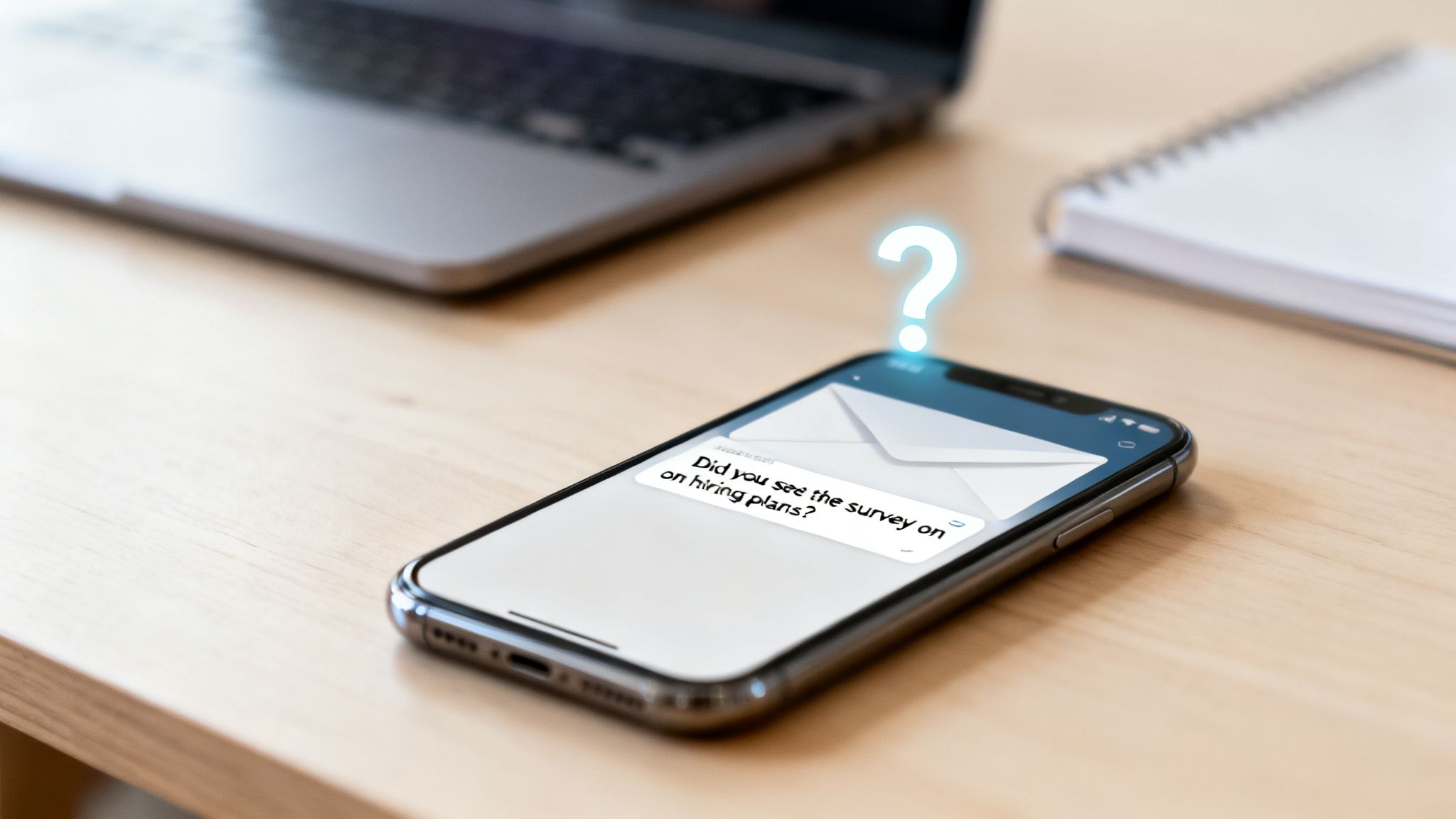 A smartphone on a wooden desk displays a message about a survey on hiring plans with a glowing question mark.