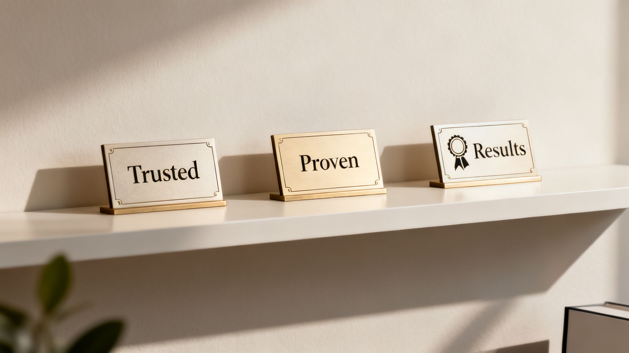 Three golden plaques on a white shelf display the words 'Trusted', 'Proven', and 'Results'.