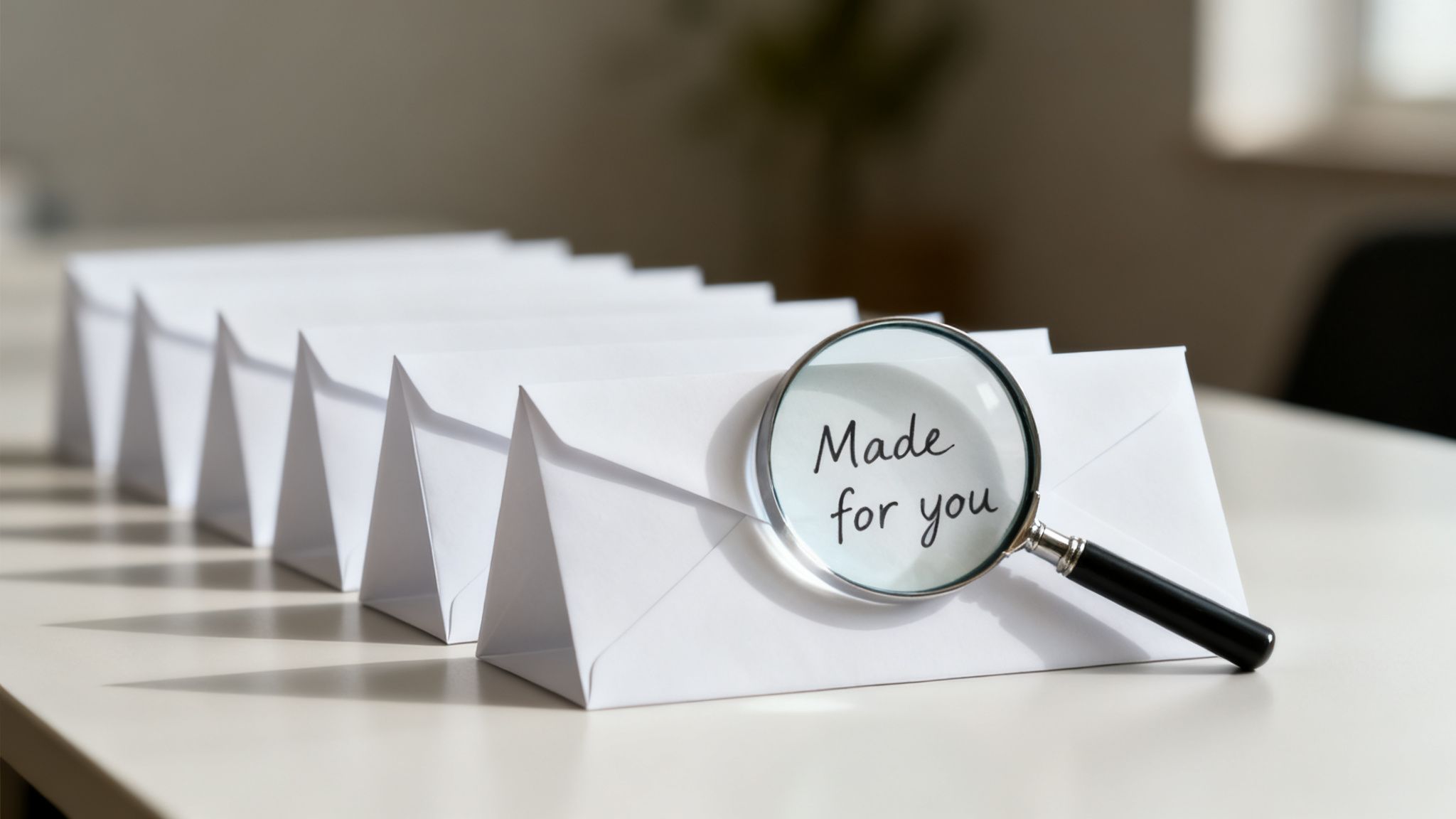 A magnifying glass on a white envelope shows 'Made for you', with a row of envelopes behind it.