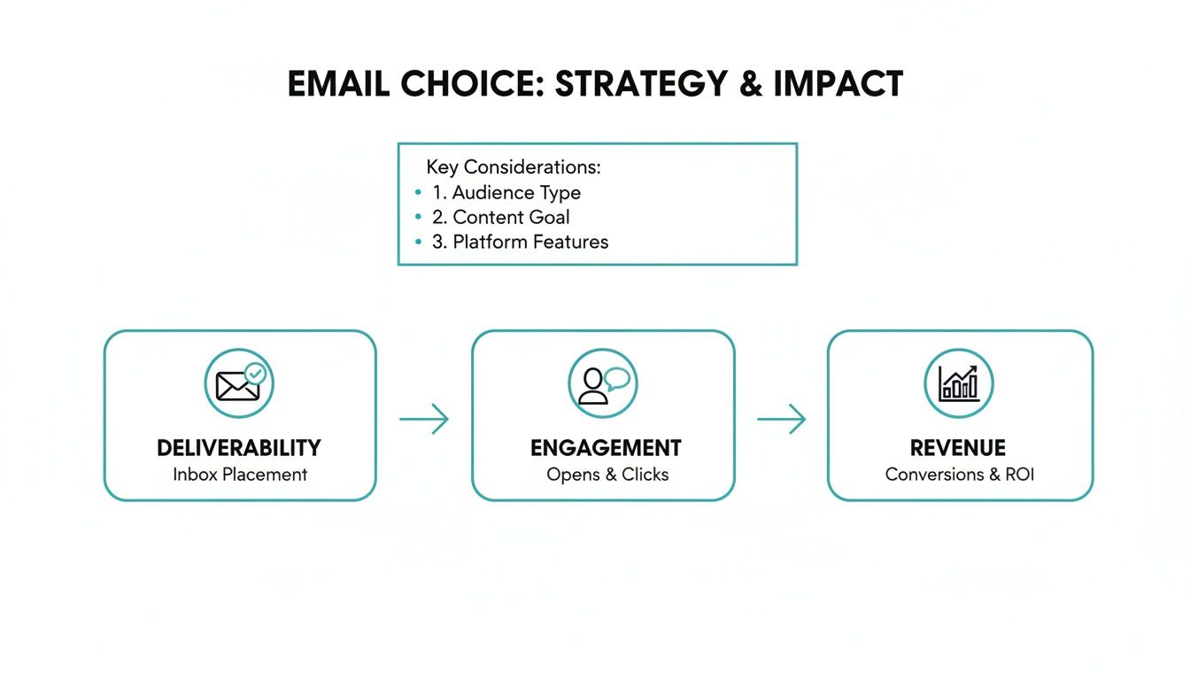 Flowchart illustrating email choice strategy and impact, covering deliverability, engagement, and revenue.