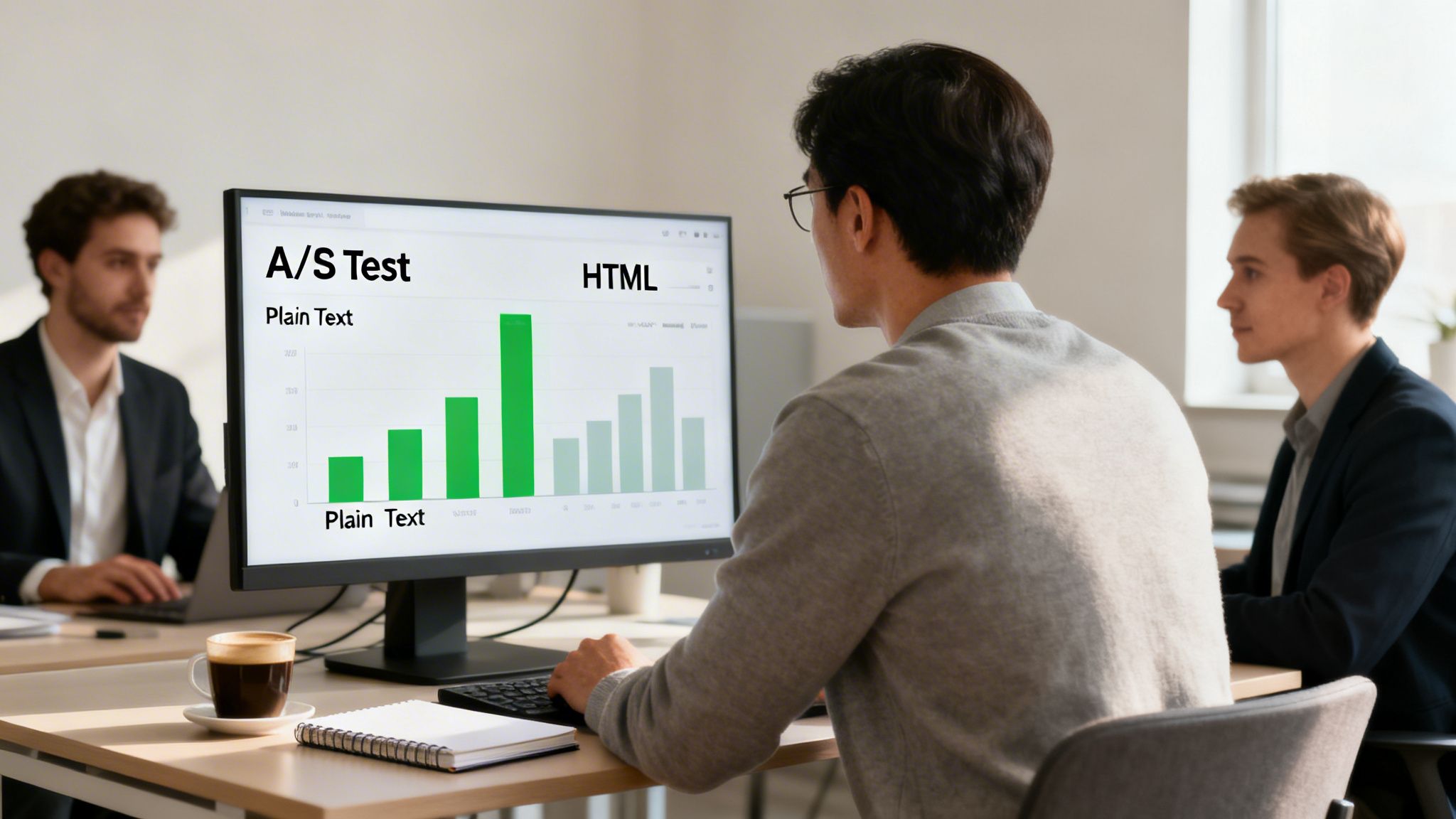 Three men in an office reviewing a bar chart comparing Plain Text and HTML email performance.