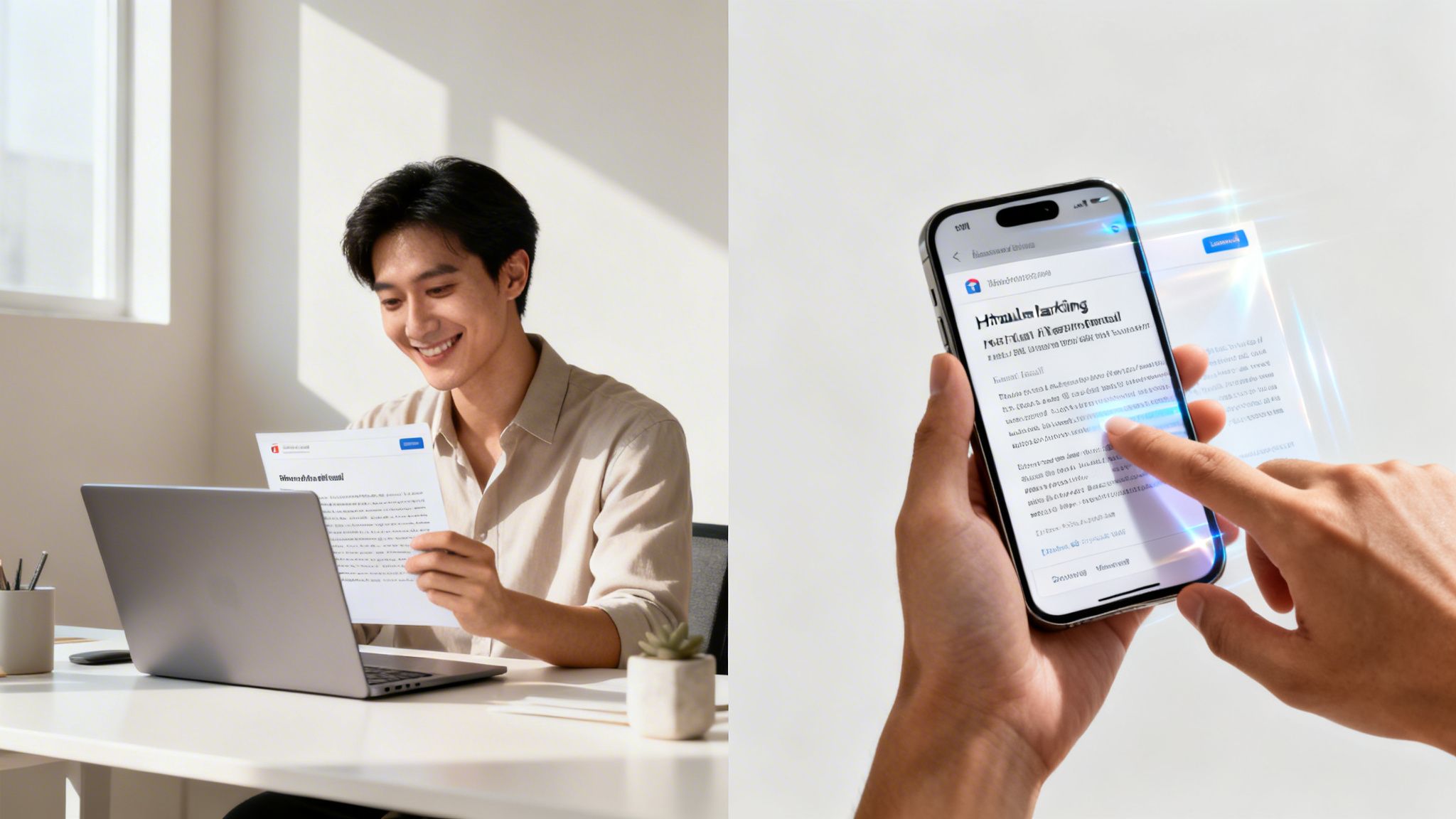 A man reviews a paper document, contrasting with hands interacting with a digital email on a smartphone.