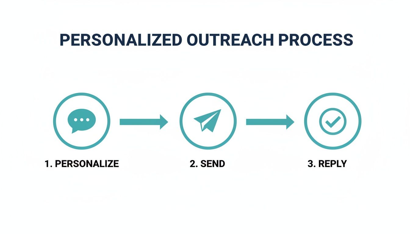 Diagram showing a personalized outreach process with steps for personalize, send, and reply.