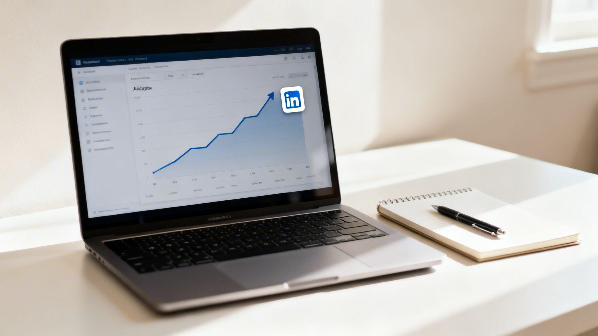 Laptop displaying an upward trend graph with a LinkedIn logo, alongside a notebook and pen.