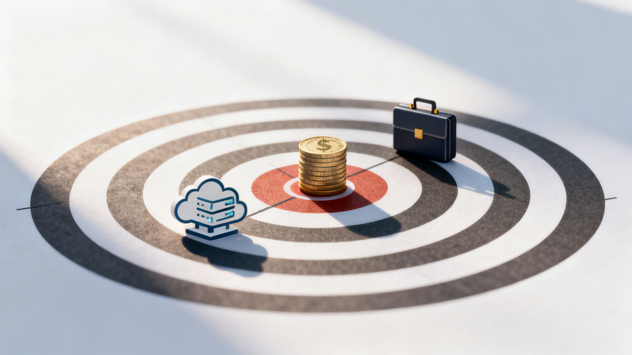 A bullseye target featuring stacked gold coins, a briefcase, and a cloud server icon, symbolizing business strategy.
