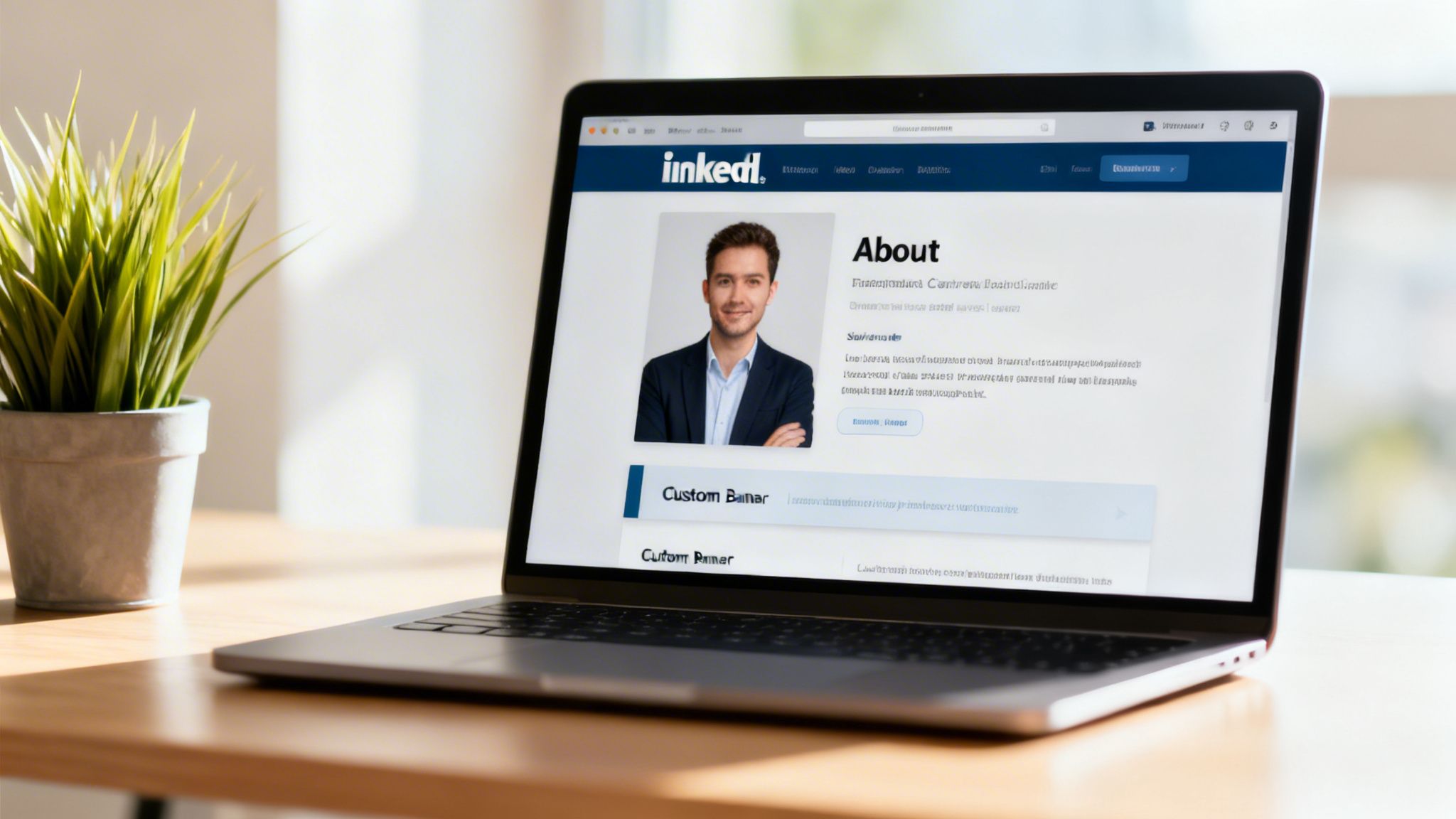 A laptop on a wooden desk displays a LinkedIn profile with a man's professional photo and details.