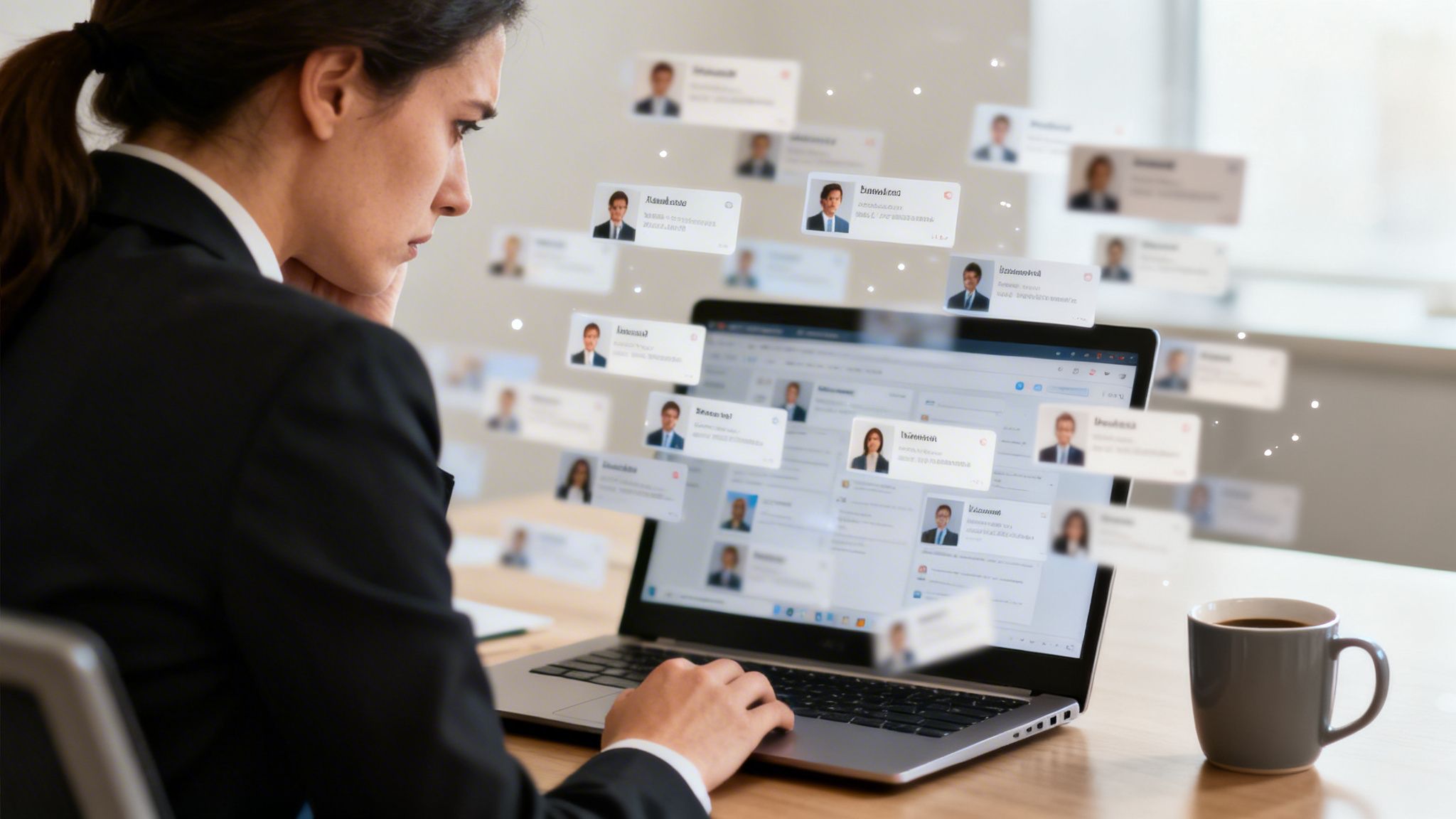A professional woman intently views a laptop screen displaying floating digital profile cards, likely for recruitment.