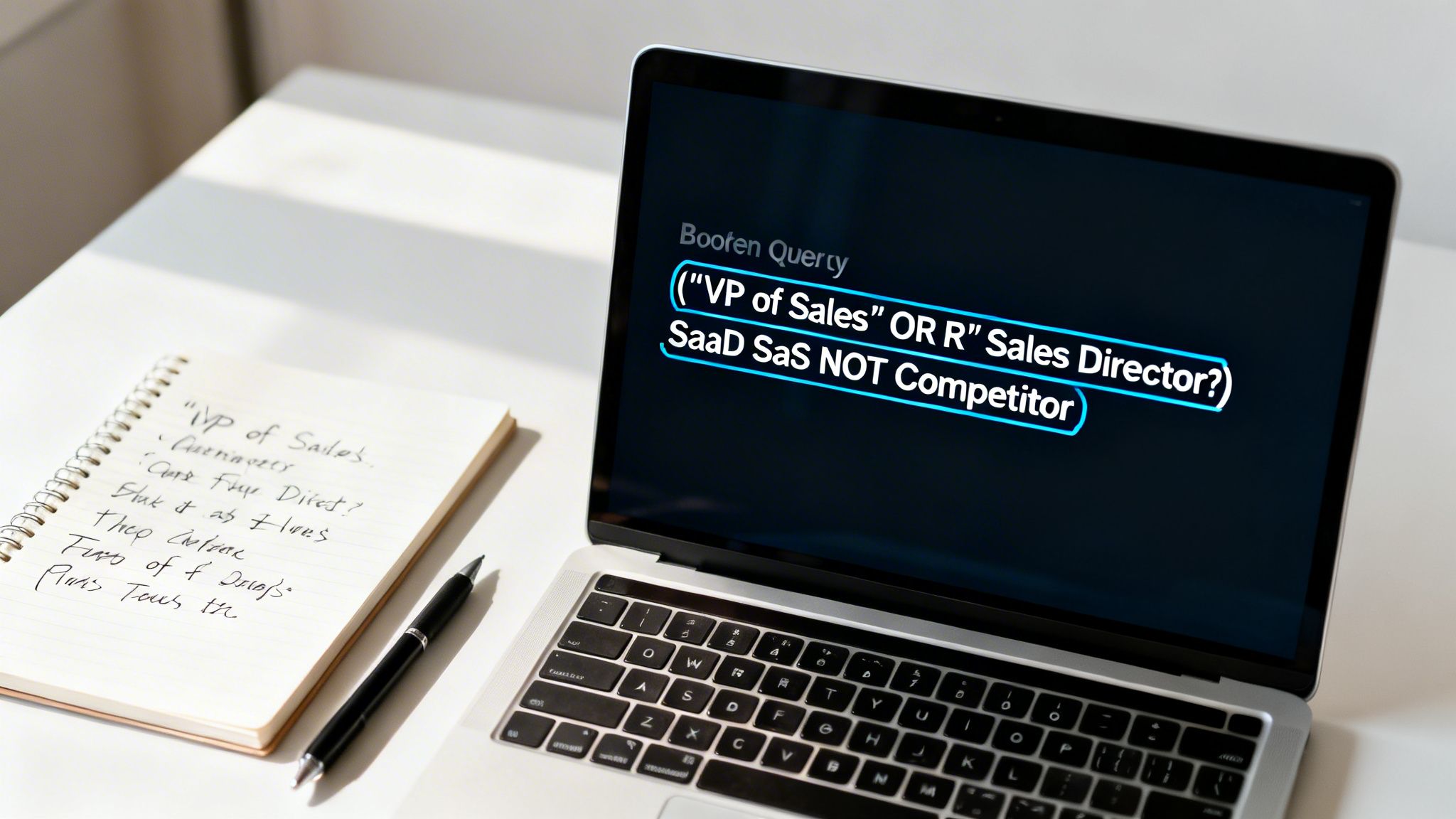 A laptop displays an advanced Boolean search query for sales leadership roles, alongside a notebook and pen.