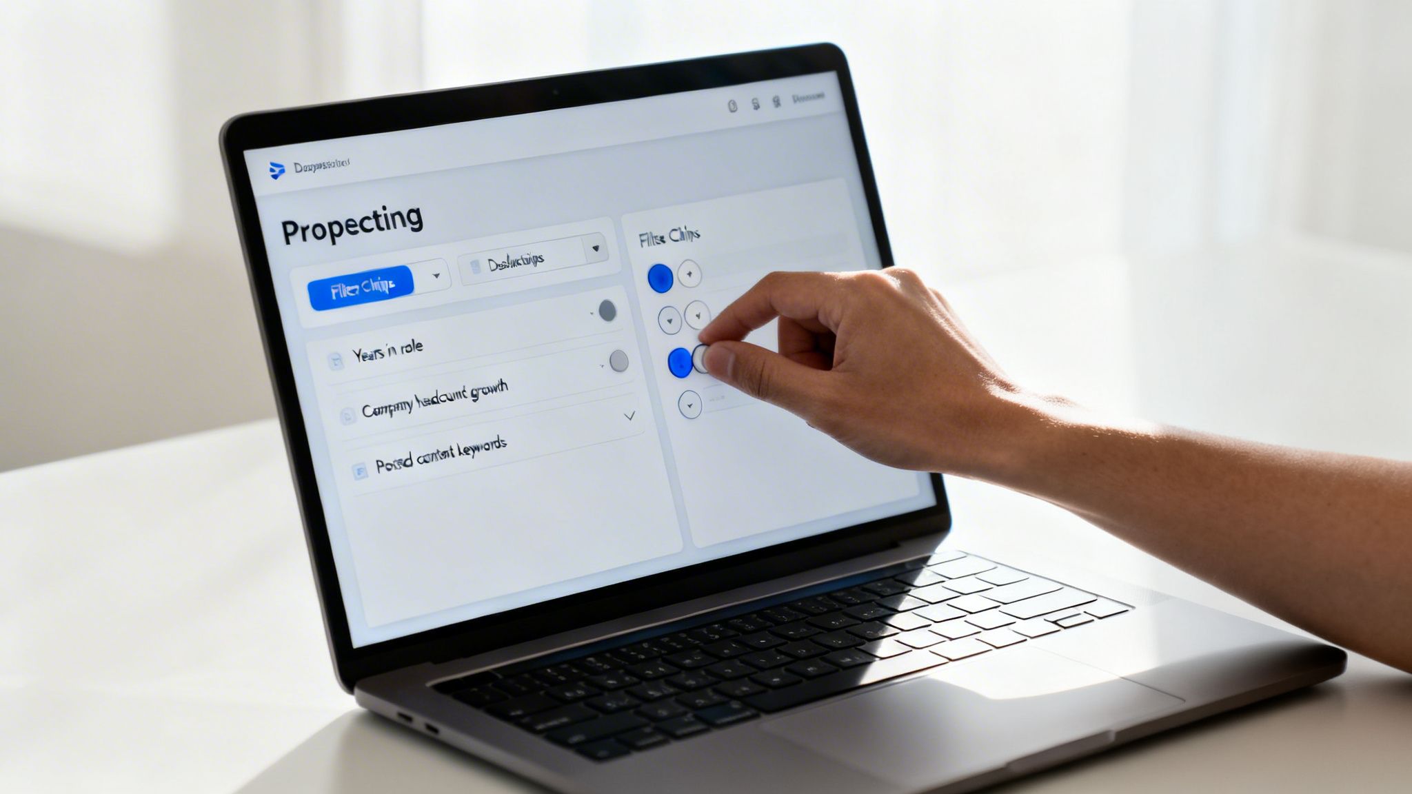 Hand adjusting advanced search filters on a laptop screen displaying a 'Prospecting' tool.